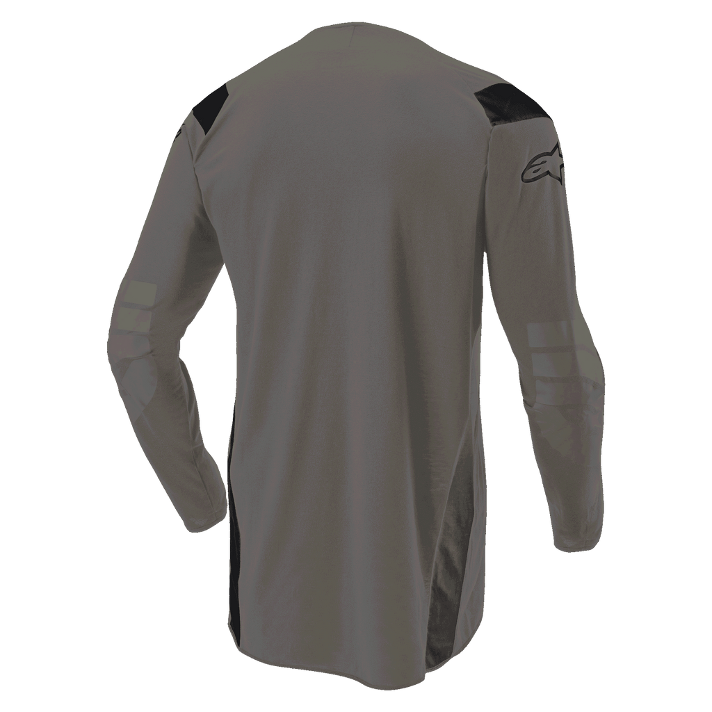 Alpinestars Techdura Jersey, Motocross-Trikot in Falcon Brown, Rückansicht mit verlängerter Rückenpartie für optimale Abdeckung, lange Ärmel mit verstärkten Ellbogenbereichen, schwarze Einsätze an den Schultern und Logo am Ärmel, strapazierfähige Offroad-Bekleidung