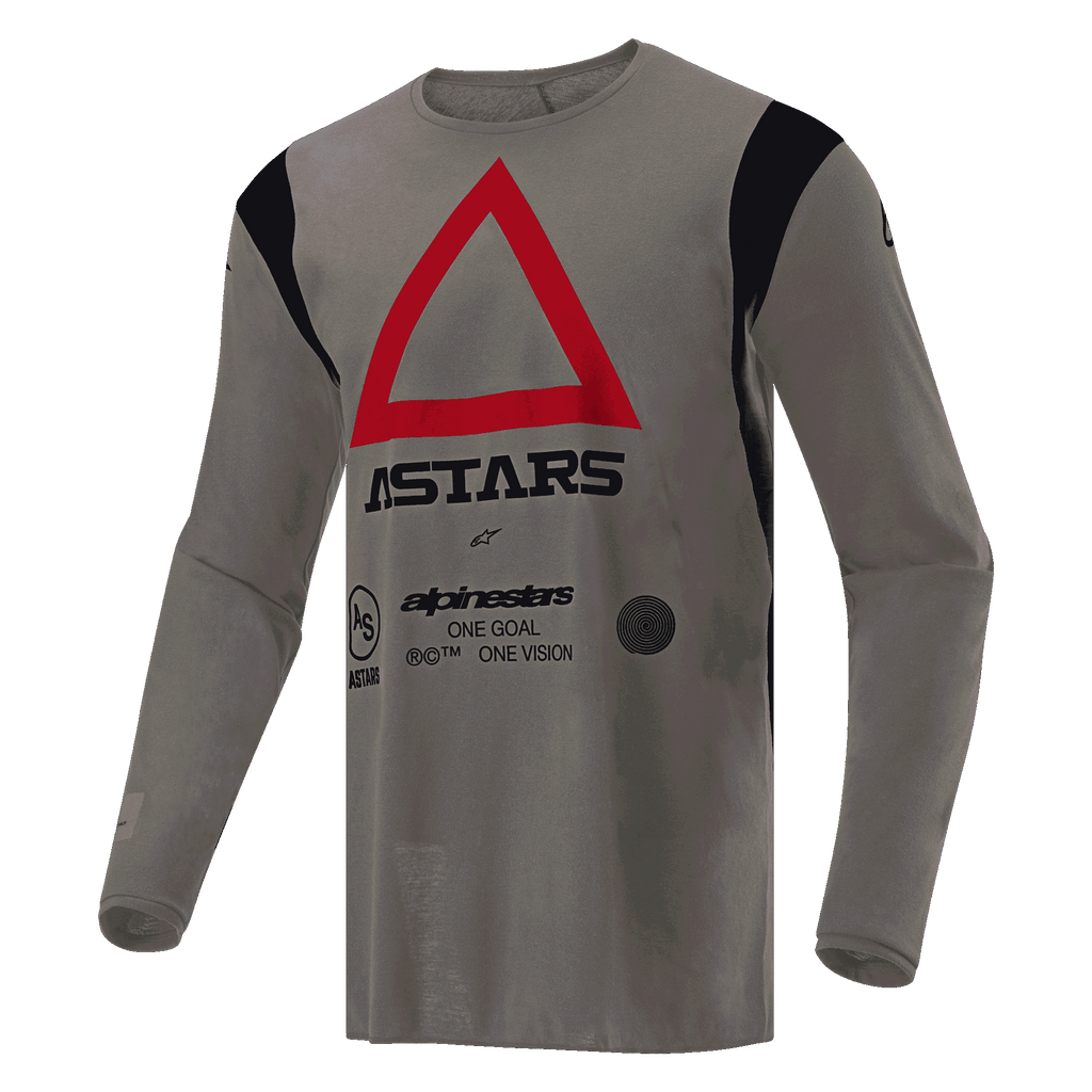 Alpinestars Techdura Trikot, Motocross- und Enduro-Trikot, Falcon Brown, mit einem großen roten Dreieck auf der Brust und schwarzem ASTARS-Branding, schwarzen Schulterakzenten, strapazierfähiges technisches Poly-Gewebe für Offroad-Performance