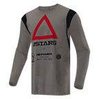 Alpinestars Techdura Trikot, Motocross- und Enduro-Trikot, Falcon Brown, mit einem großen roten Dreieck auf der Brust und schwarzem ASTARS-Branding, schwarzen Schulterakzenten, strapazierfähiges technisches Poly-Gewebe für Offroad-Performance