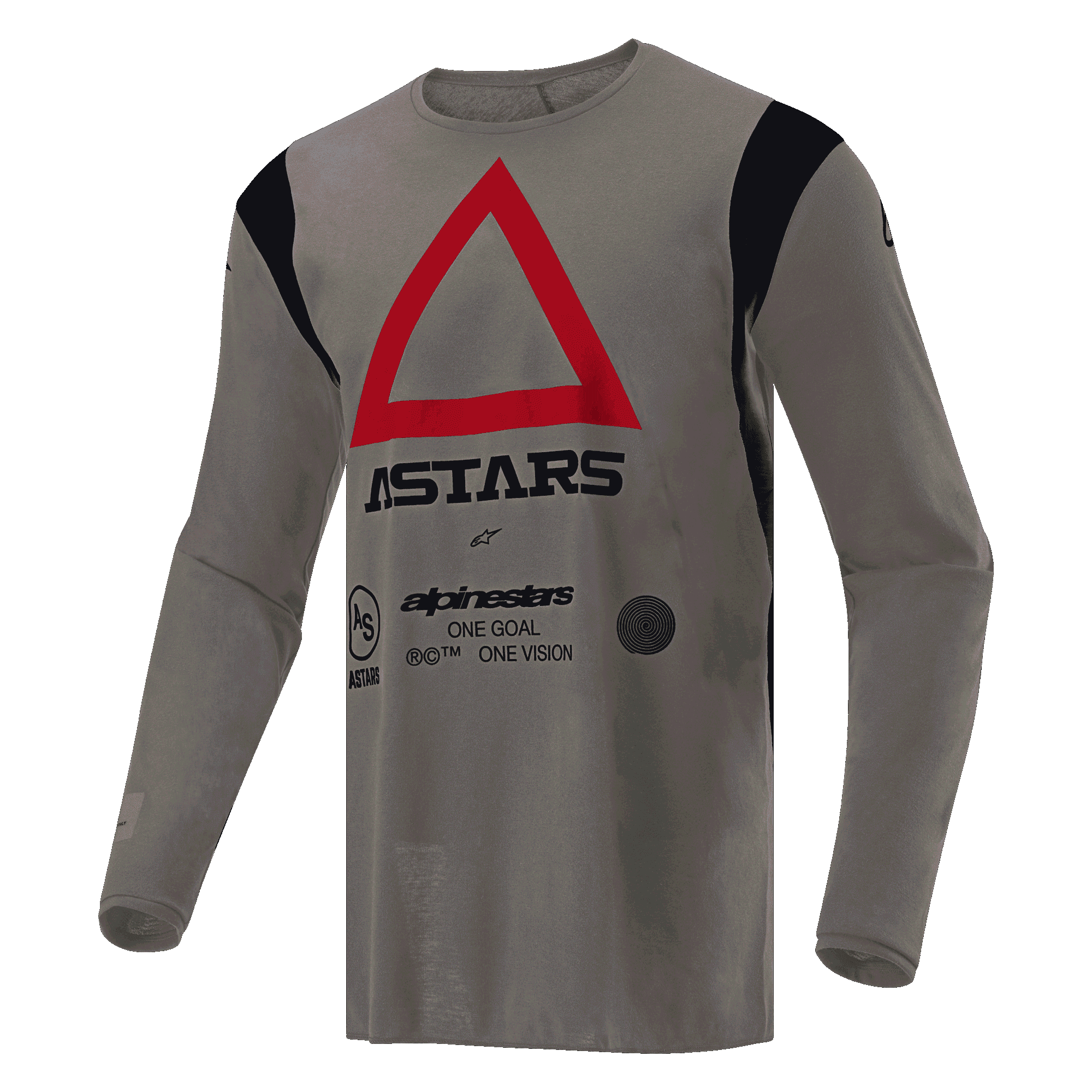 Alpinestars Techdura Trikot, Motocross- und Enduro-Trikot, Falcon Brown, mit einem großen roten Dreieck auf der Brust und schwarzem ASTARS-Branding, schwarzen Schulterakzenten, strapazierfähiges technisches Poly-Gewebe für Offroad-Performance