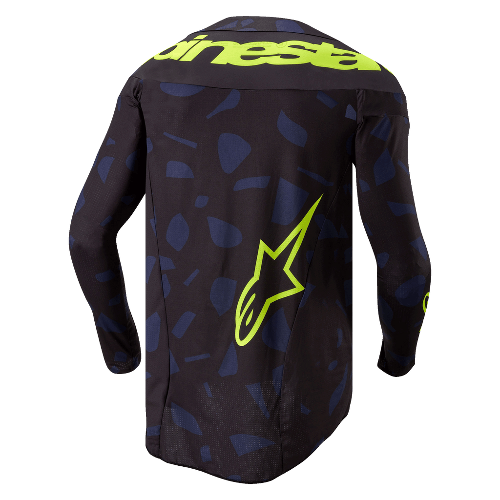 Alpinestars 2024 Techstar Rantera Trikot, Motocross-Trikot, Schwarz Marineblau Gelb Fluo, Rückansicht, marineblaues geometrisches Muster auf schwarzer Basis, auffälliger Alpinestars-Schriftzug in Gelb Fluo über den Schultern, großes Stern-Logo auf dem unteren Rücken, technische Langarm-Ausrüstung für den Offroad-Rennsport