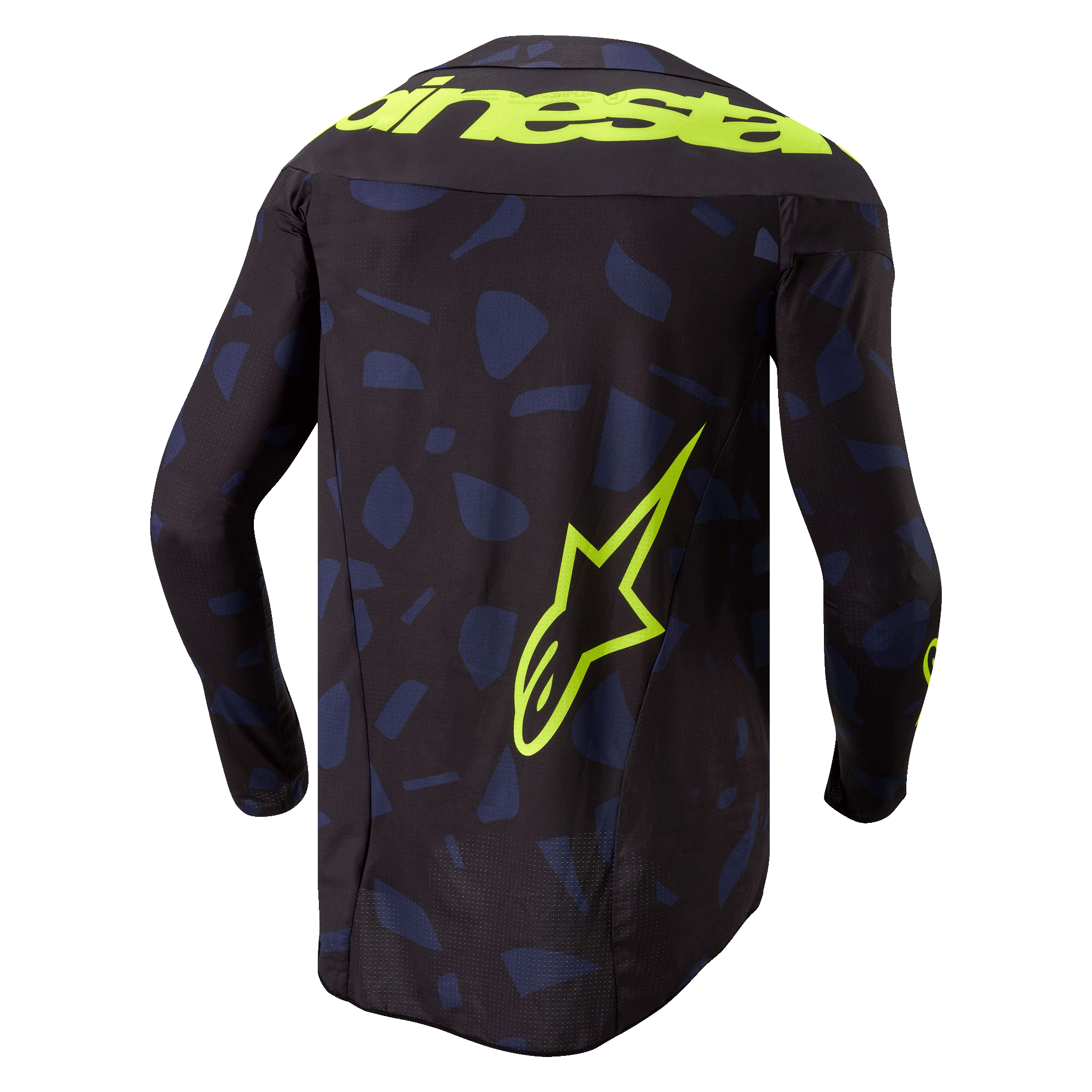 Alpinestars 2024 Techstar Rantera Trikot, Motocross-Trikot, Schwarz Marineblau Gelb Fluo, Rückansicht, marineblaues geometrisches Muster auf schwarzer Basis, auffälliger Alpinestars-Schriftzug in Gelb Fluo über den Schultern, großes Stern-Logo auf dem unteren Rücken, technische Langarm-Ausrüstung für den Offroad-Rennsport