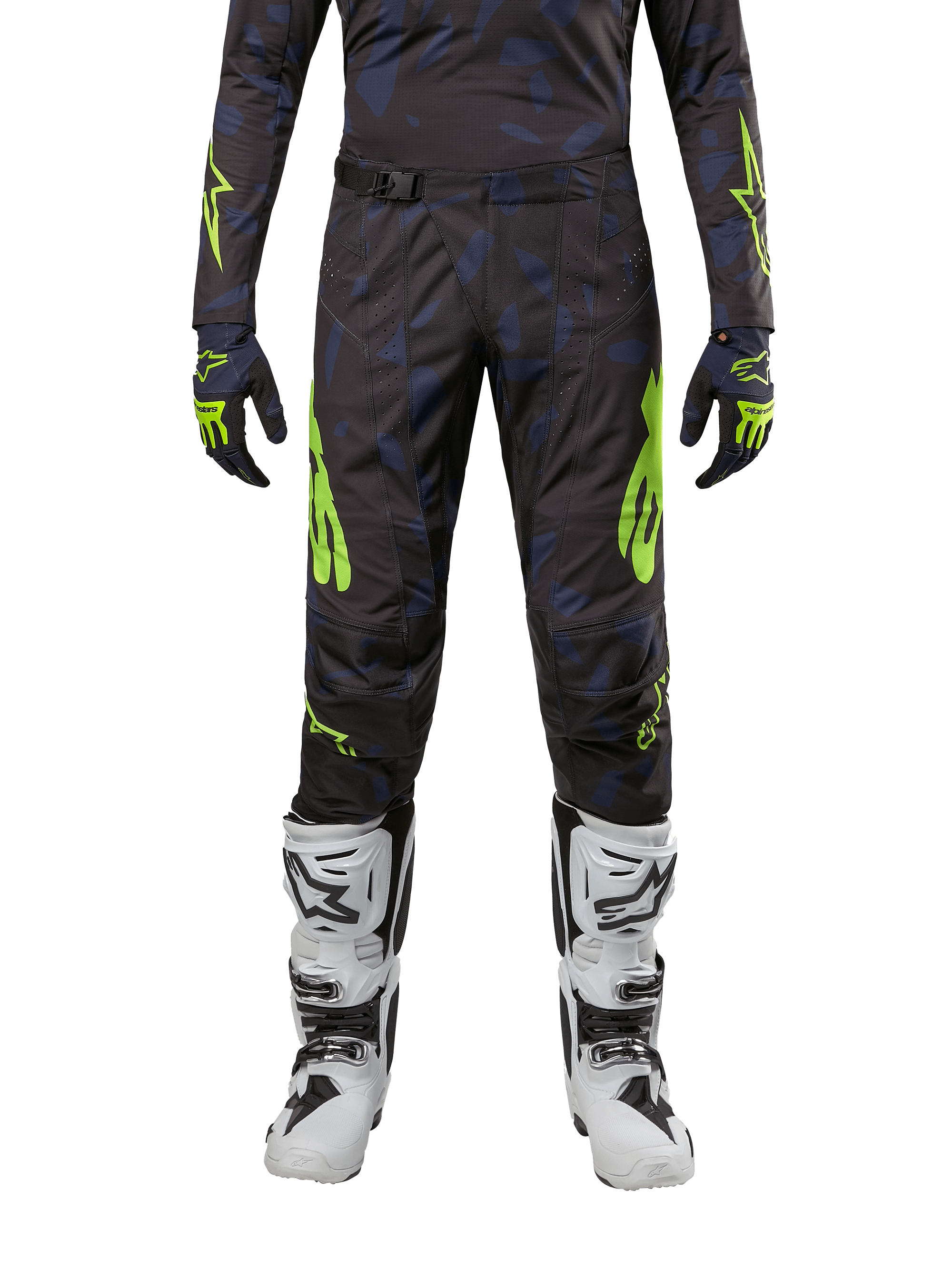 Alpinestars 2024 Techstar Rantera Hose, Motocross-Hose, Schwarz, Navy und Neongelb, getragen mit passendem Langarm-Trikot, Handschuhen und weißen Motocross-Stiefeln, mit auffälligen neongelben Akzenten und abstraktem dunklem Muster.