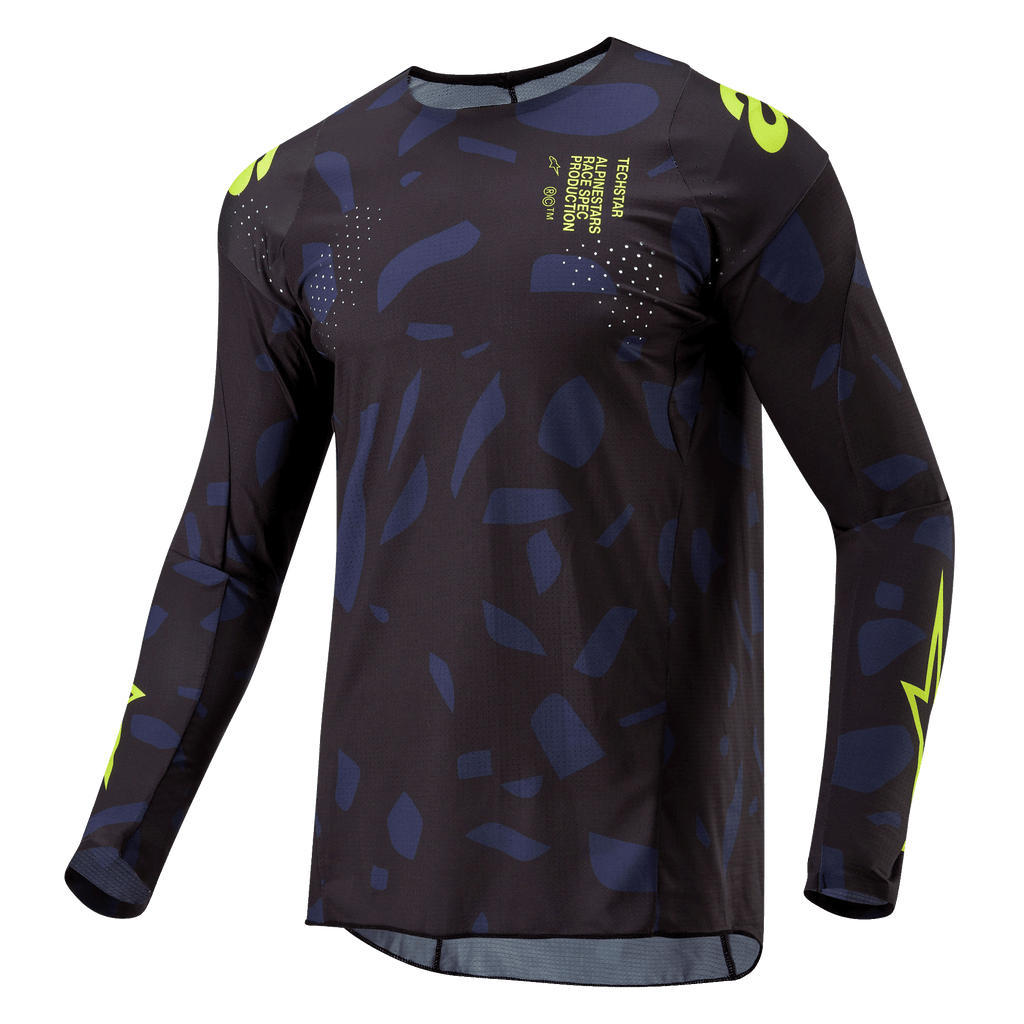 Alpinestars 2024 Techstar Rantera Jersey, Motocross-Jersey, Schwarz, Navy und Gelb Fluo, langärmelige sportliche Passform mit abstraktem Muster, neongelbe Branding- und Textdetails, entwickelt für Offroad-Performance