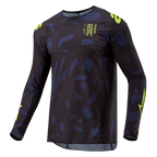 Alpinestars 2024 Techstar Rantera Jersey, Motocross-Jersey, Schwarz, Navy und Gelb Fluo, langärmelige sportliche Passform mit abstraktem Muster, neongelbe Branding- und Textdetails, entwickelt für Offroad-Performance