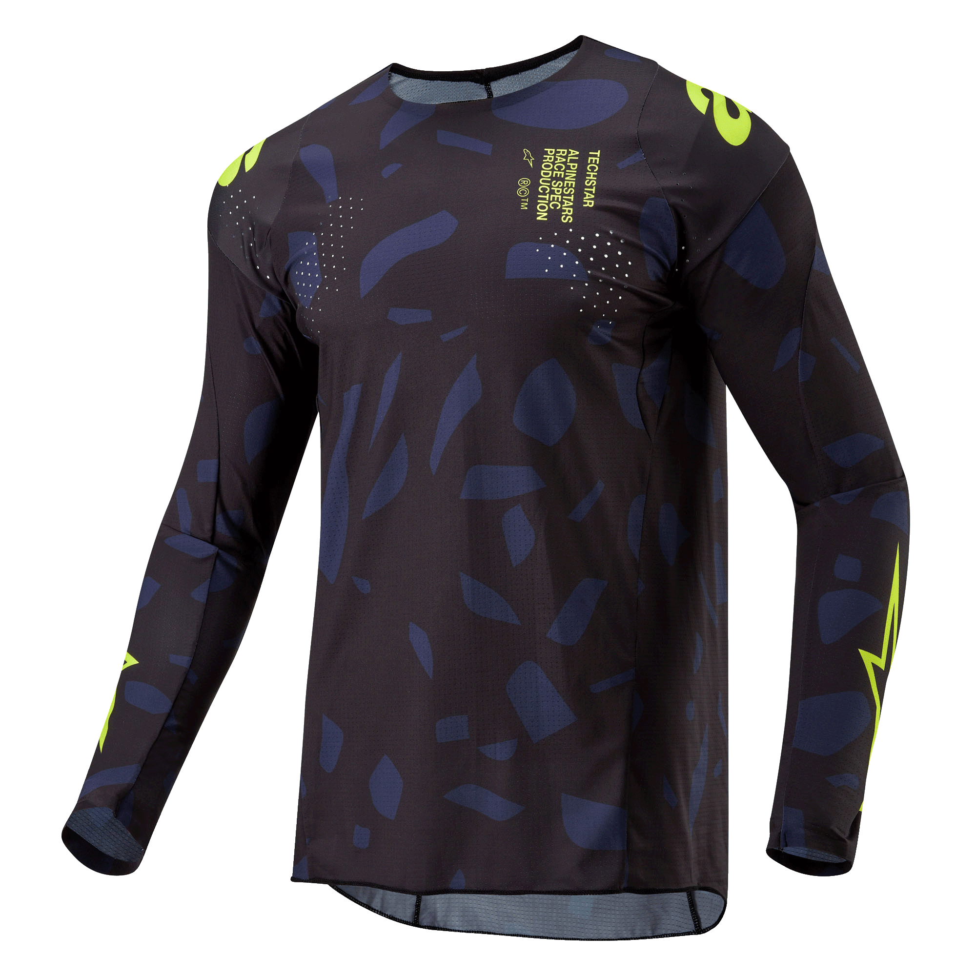 Alpinestars 2024 Techstar Rantera Jersey, Motocross-Jersey, Schwarz, Navy und Gelb Fluo, langärmelige sportliche Passform mit abstraktem Muster, neongelbe Branding- und Textdetails, entwickelt für Offroad-Performance