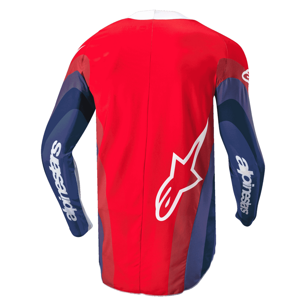 Alpinestars 2024 Techstar Pneuma Jersey, Motocross-Jersey, Rot, Blau und Weiß, Rückansicht mit wellenförmigen Grafiken auf den Ärmeln, weißer Alpinestars-Schriftzug auf den Armen und Astar-Logo am unteren Rücken, ergonomisches Design für das Offroad-Fahren