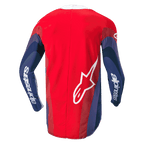 Alpinestars 2024 Techstar Pneuma Jersey, Motocross-Jersey, Rot, Blau und Weiß, Rückansicht mit wellenförmigen Grafiken auf den Ärmeln, weißer Alpinestars-Schriftzug auf den Armen und Astar-Logo am unteren Rücken, ergonomisches Design für das Offroad-Fahren