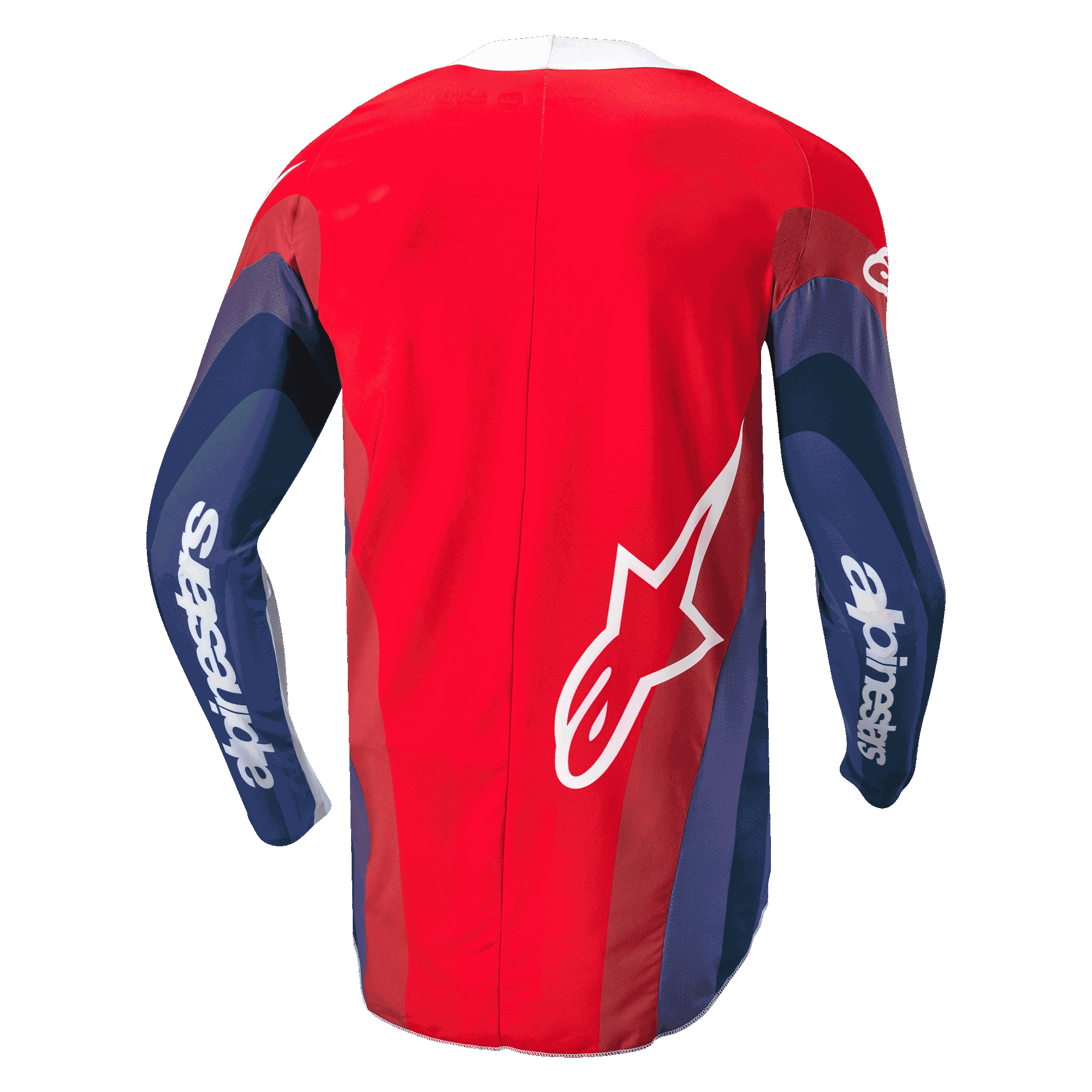 Alpinestars 2024 Techstar Pneuma Jersey, Motocross-Jersey, Rot, Blau und Weiß, Rückansicht mit wellenförmigen Grafiken auf den Ärmeln, weißer Alpinestars-Schriftzug auf den Armen und Astar-Logo am unteren Rücken, ergonomisches Design für das Offroad-Fahren