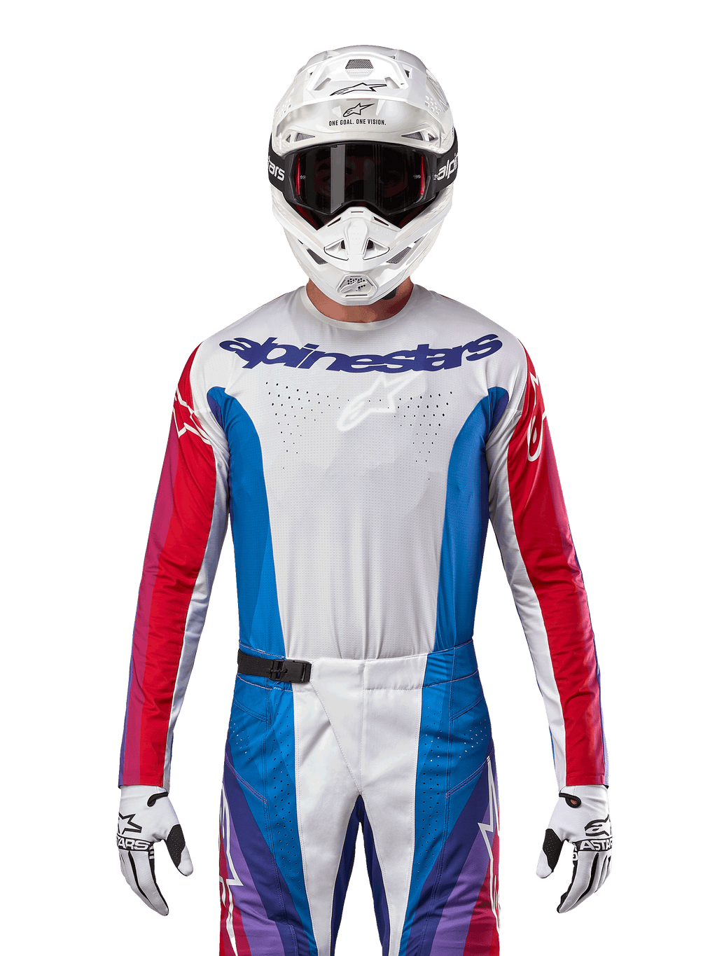 Alpinestars 2024 Techstar Pneuma Jersey, Motocross-Jersey, Blau, Mars-Rot und Weiß, Vorderansicht getragen von einem Fahrer mit weißem Helm und Handschuhen, mit lasergeschnittenen Perforationen auf der Brust und markantem Branding, sportliche Rennbekleidung für den Offroad-Einsatz