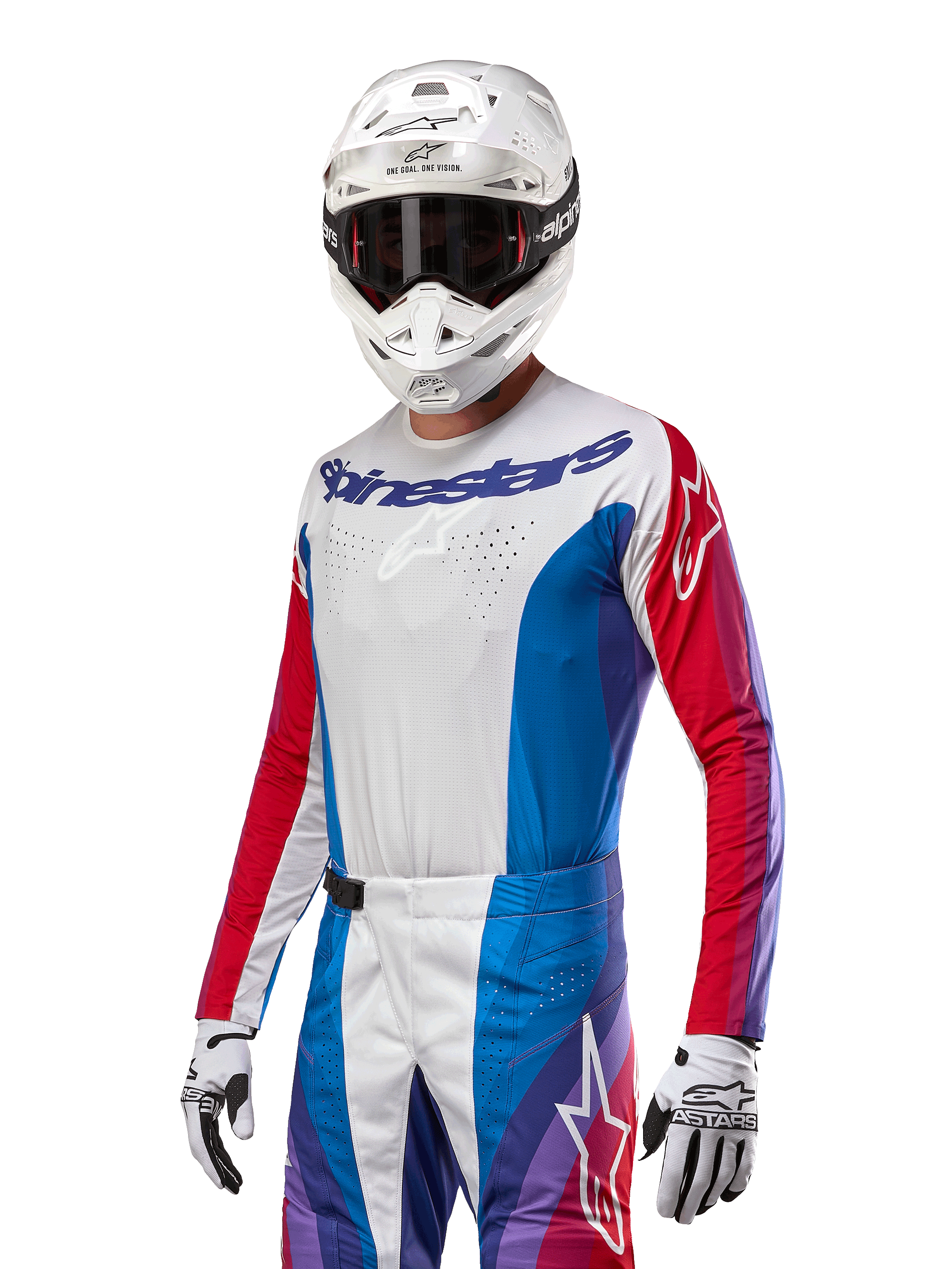 Alpinestars 2024 Techstar Pneuma Trikot, Motocross-Trikot, Blau, Mars-Rot und Weiß mit lila Akzenten, athletische Rennpassform, langärmelige Performance-Bekleidung, getragen mit weißem Helm und Handschuhen
