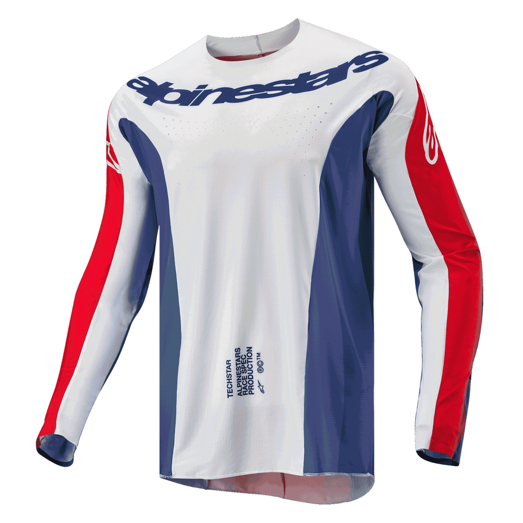 Alpinestars 2024 Techstar Pneuma Trikot, Motocross-Trikot, Blau, Mars-Rot und Weiß, weißer Hauptteil mit blauen Seitenteilen und roten Ärmelakzenten, Alpinestars-Logo auf der Brust, leichte sportliche Rennpassform für Offroad-Rennsport