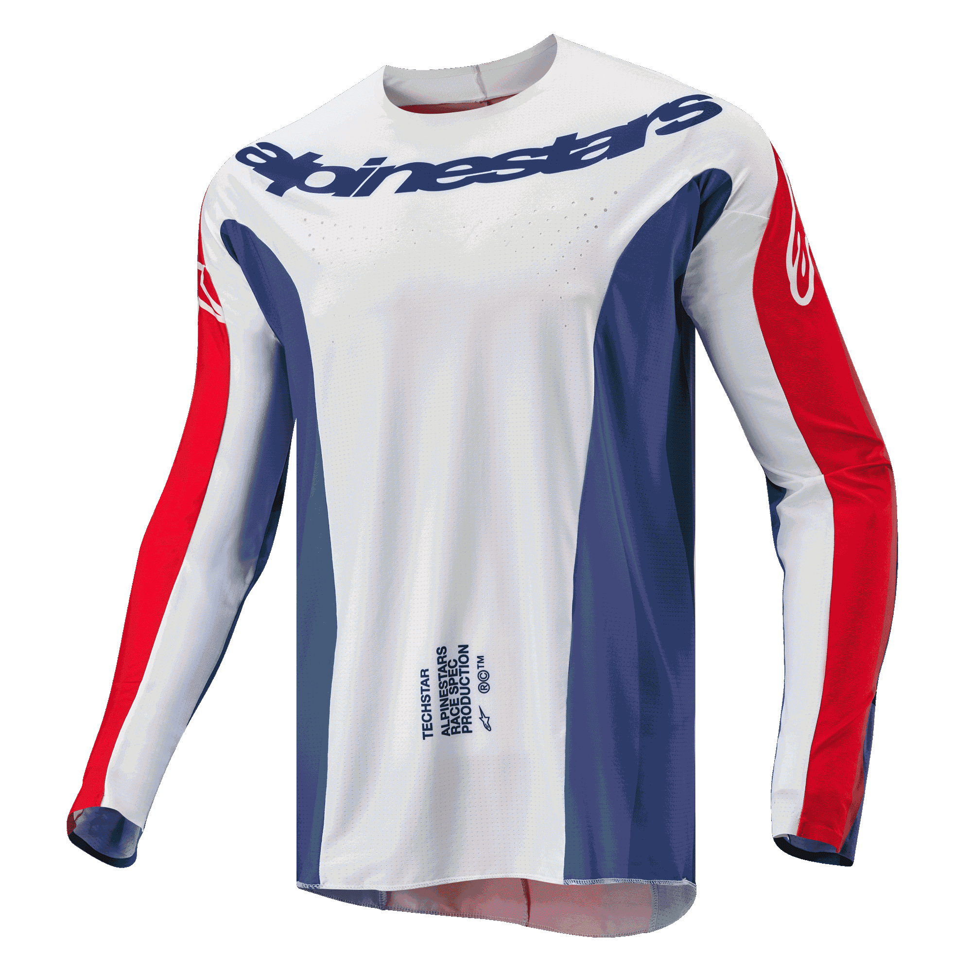 Alpinestars 2024 Techstar Pneuma Trikot, Motocross-Trikot, Blau, Mars-Rot und Weiß, weißer Hauptteil mit blauen Seitenteilen und roten Ärmelakzenten, Alpinestars-Logo auf der Brust, leichte sportliche Rennpassform für Offroad-Rennsport
