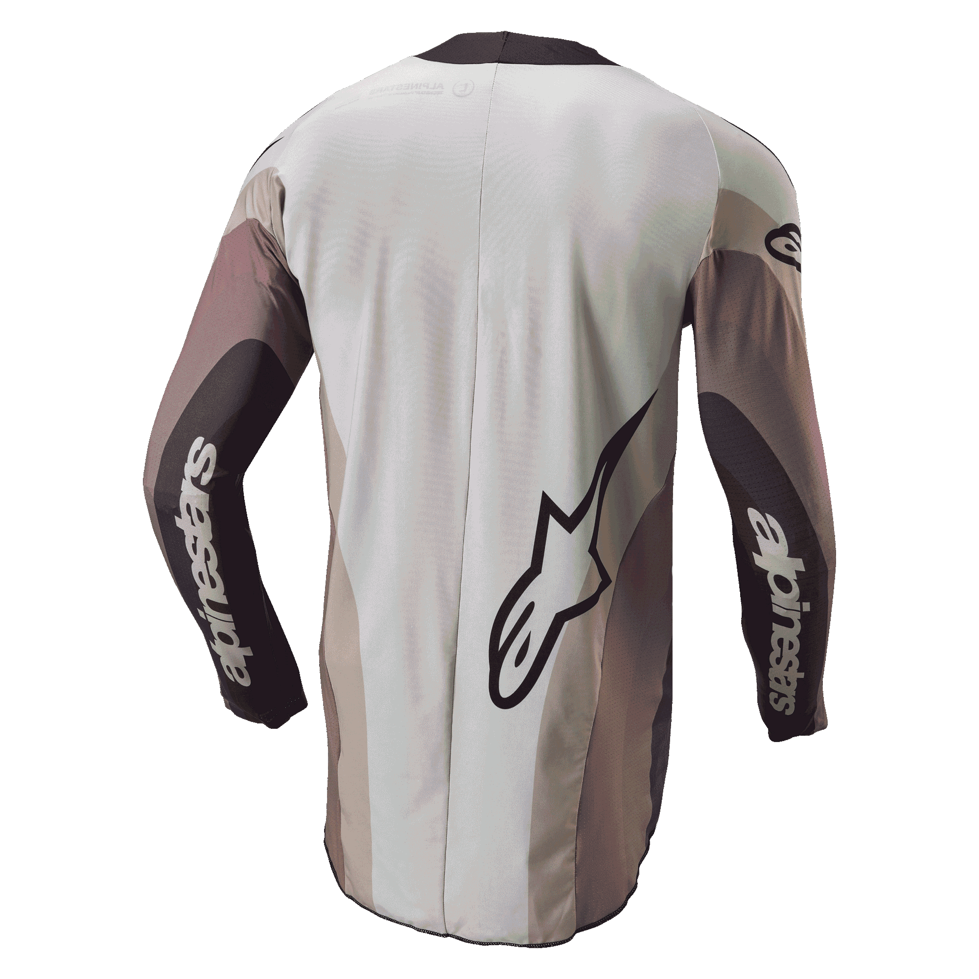 Alpinestars 2024 Techstar Pneuma Trikot, Motocross-Trikot, Rückansicht in Dark Sand Iron Dust Gray, mit großem Alpinestars-Logo und Branding an den Ärmeln, athletische Passform mit Color-Blocking-Einsätzen und verlängertem Rücken für optimale Abdeckung.