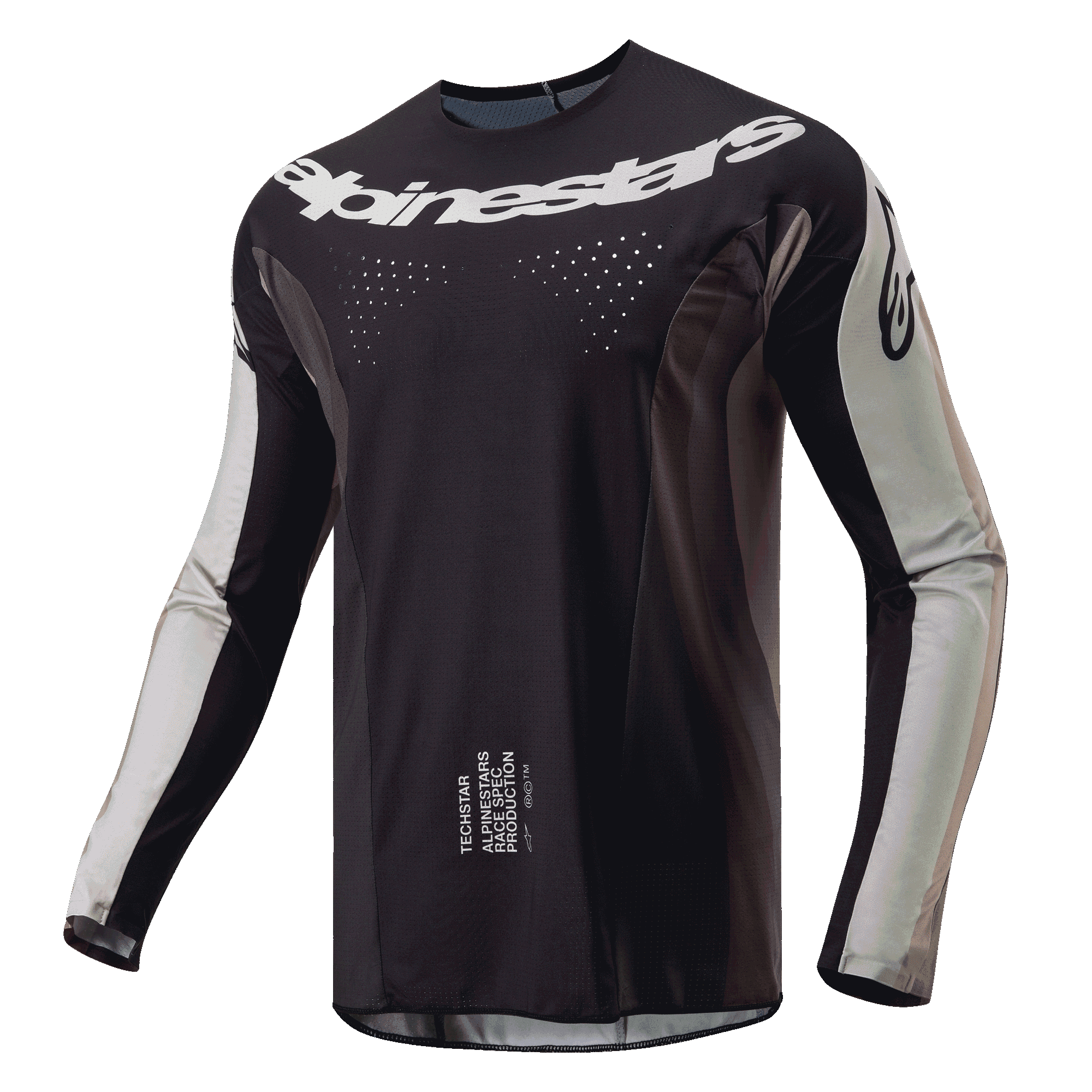 Alpinestars 2024 Techstar Pneuma Trikot, Motocross-Trikot, Dark Sand und Iron Dust Gray, schwarzer Hauptteil mit hellgrauen Ärmelpanels, weißes Alpinestars-Logo auf der Brust, lasergeschnittene Belüftungsöffnungen, Hochleistungs-Offroad-Fahrausrüstung
