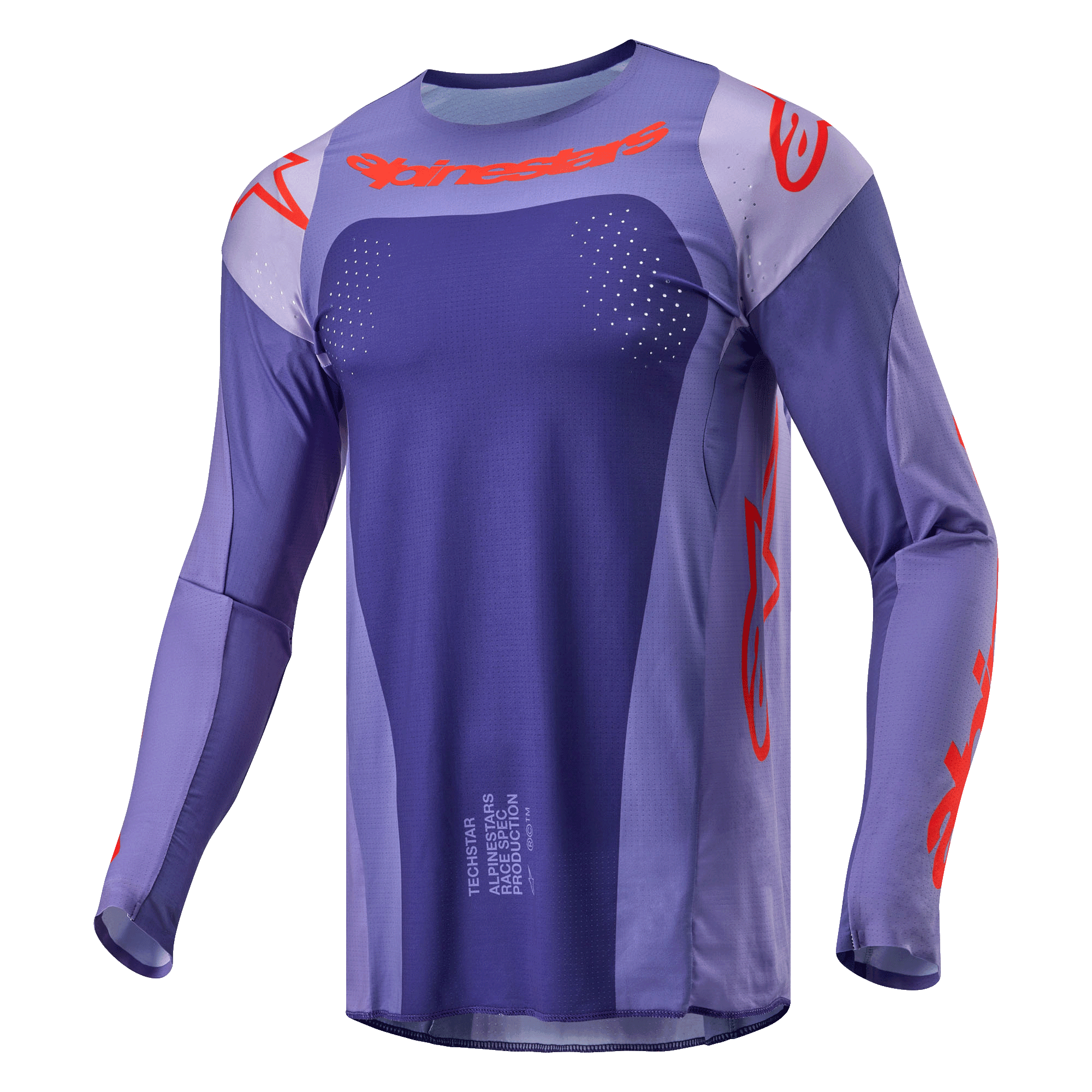 Alpinestars 2024 Techstar Ocuri Trikot, Motocross-Trikot, Lila und Hot Orange, langärmelige sportliche Passform mit lasergeschnittenen Perforationen, auffälliges oranges Branding auf Brust und Ärmeln, feuchtigkeitsableitendes Poly-Gewebe für Offroad-Rennsport