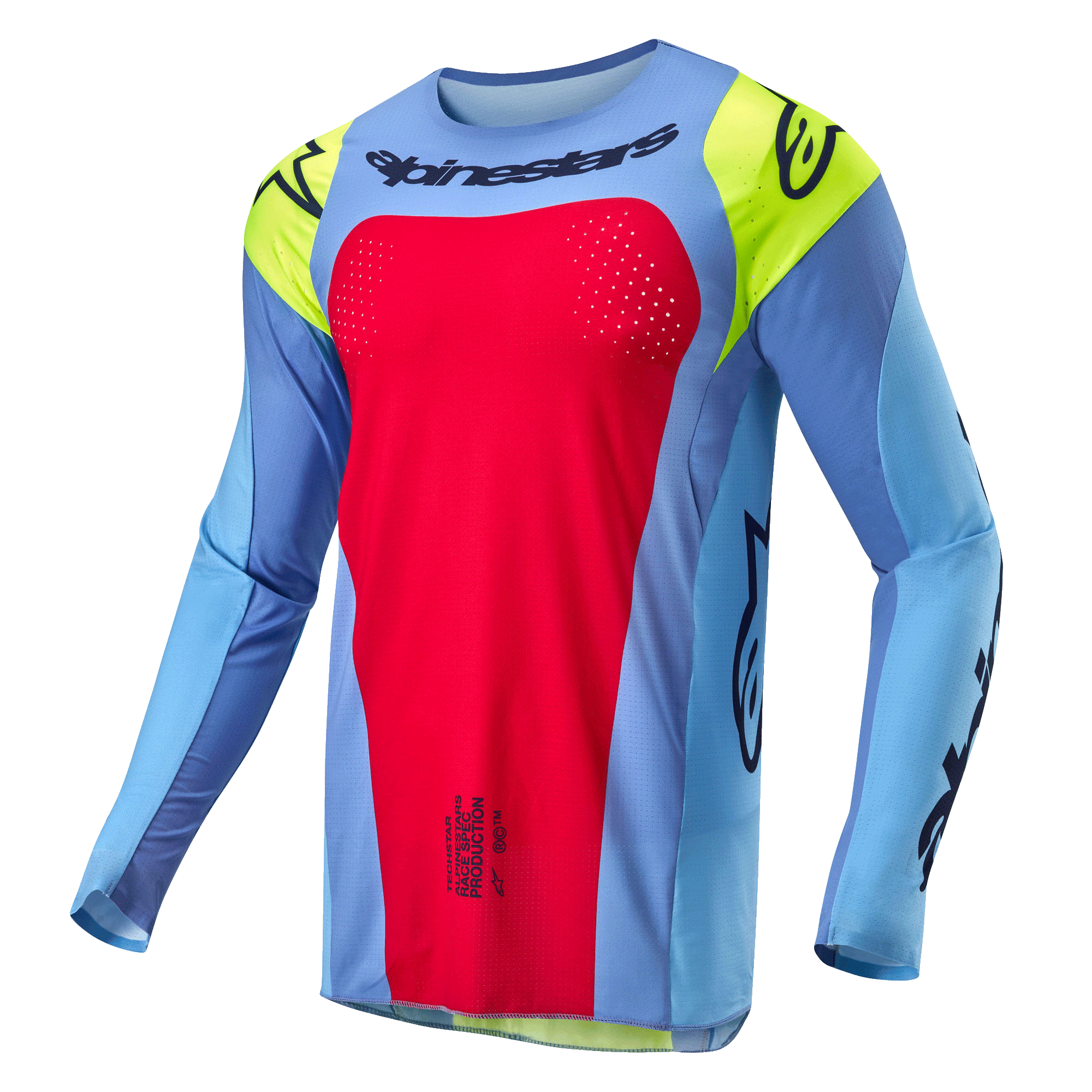 Alpinestars 2024 Techstar Ocuri Trikot, Motocross-Trikot, Hellblau mit Red Berry und Fluo-Gelben Akzenten, mit schwarzen Logos und lasergeschnittenen Perforationen zur Belüftung, athletische Rennpassform für Offroad-Performance