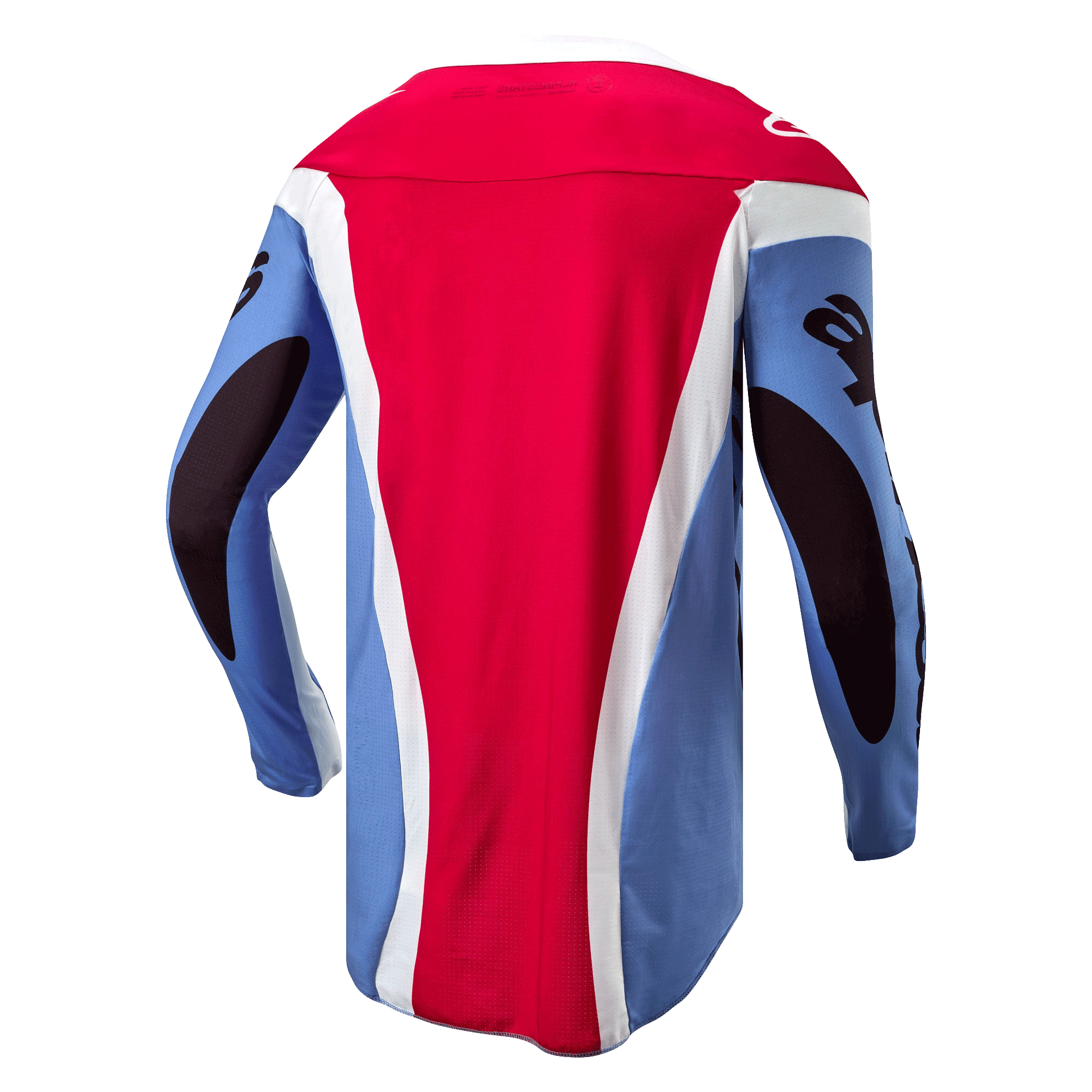 Alpinestars 2024 Techstar Ocuri Trikot, Motocross-Trikot, Hellblau, Mars-Rot und Weiß, Rückansicht mit sportlicher Rennpassform, verlängerter Rückenpartie und schwarzen Ärmelgrafiken
