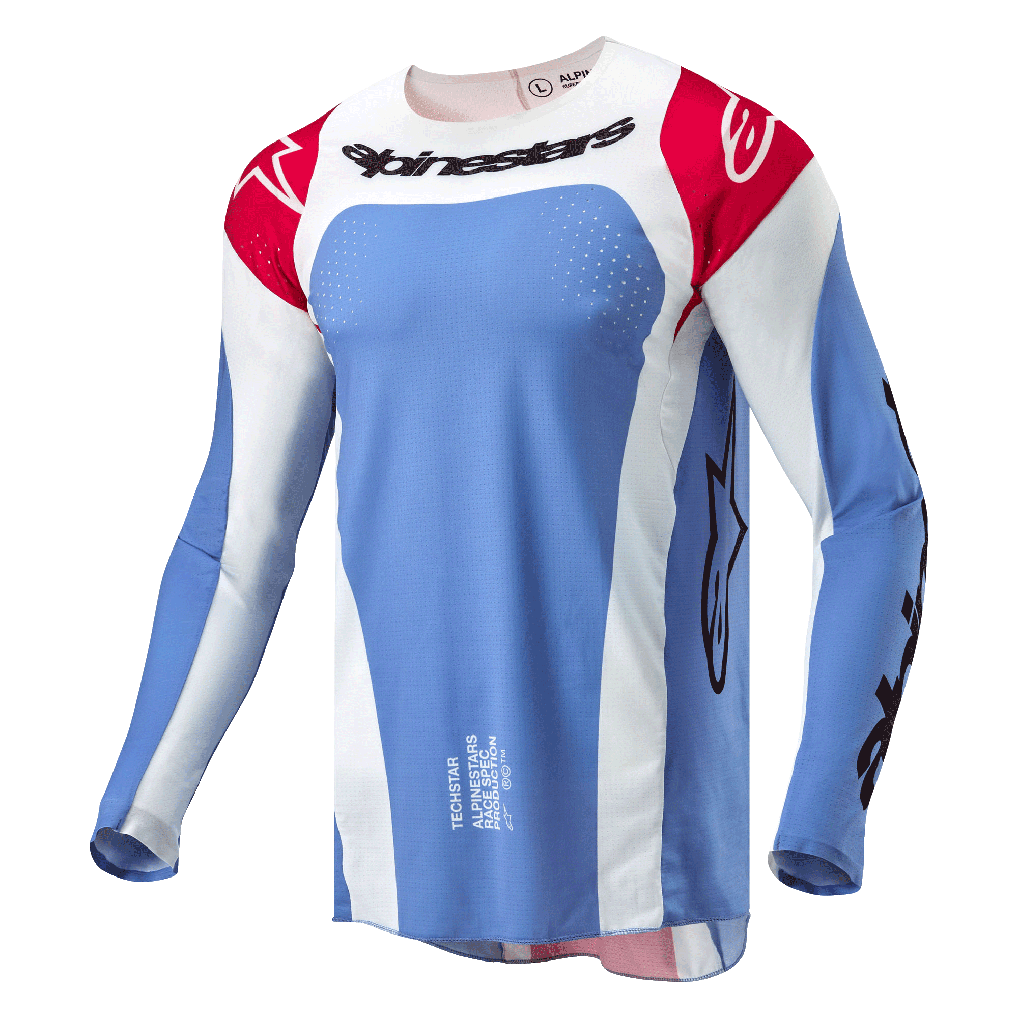 Alpinestars 2024 Techstar Ocuri Trikot, Motocross-Trikot, Hellblau, Mars-Rot und Weiß, schwarzer Alpinestars-Schriftzug auf der Brust, rote Schultern mit weißen Logos, lasergeschnittene Perforationen zur Belüftung