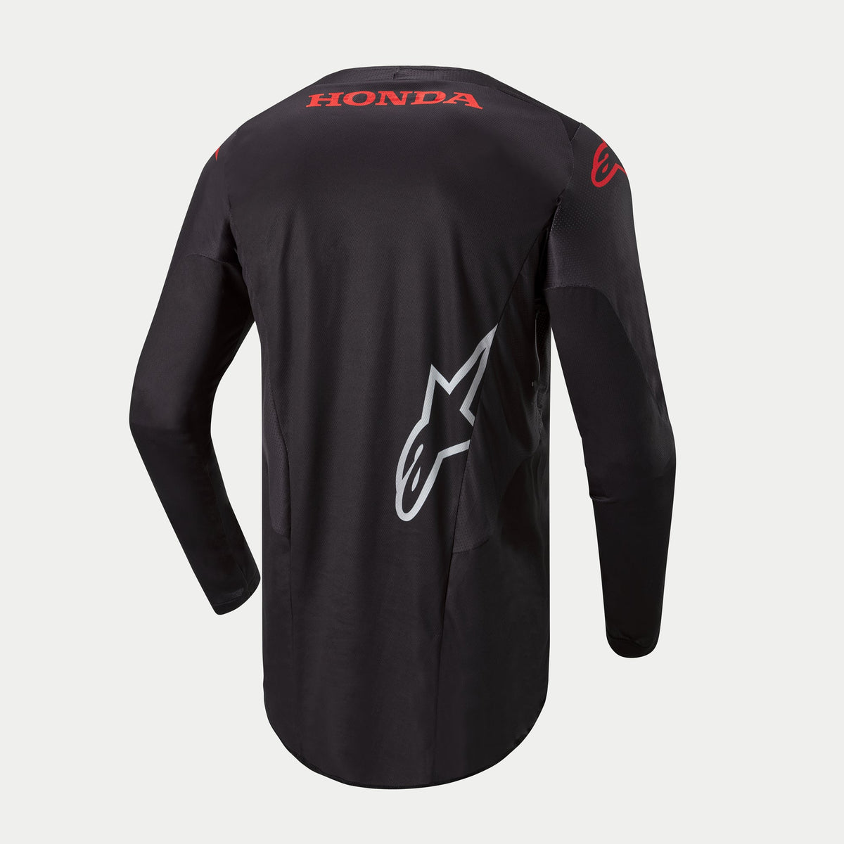 Alpinestars Honda Racer Iconic Trikot, Motocross-Herrentrikot in Schwarz mit roten und weißen Branding-Details, Langarm-Rennpassform mit verlängertem Rückenteil, Rückansicht mit Honda-Logo und Alpinestars-Grafiken