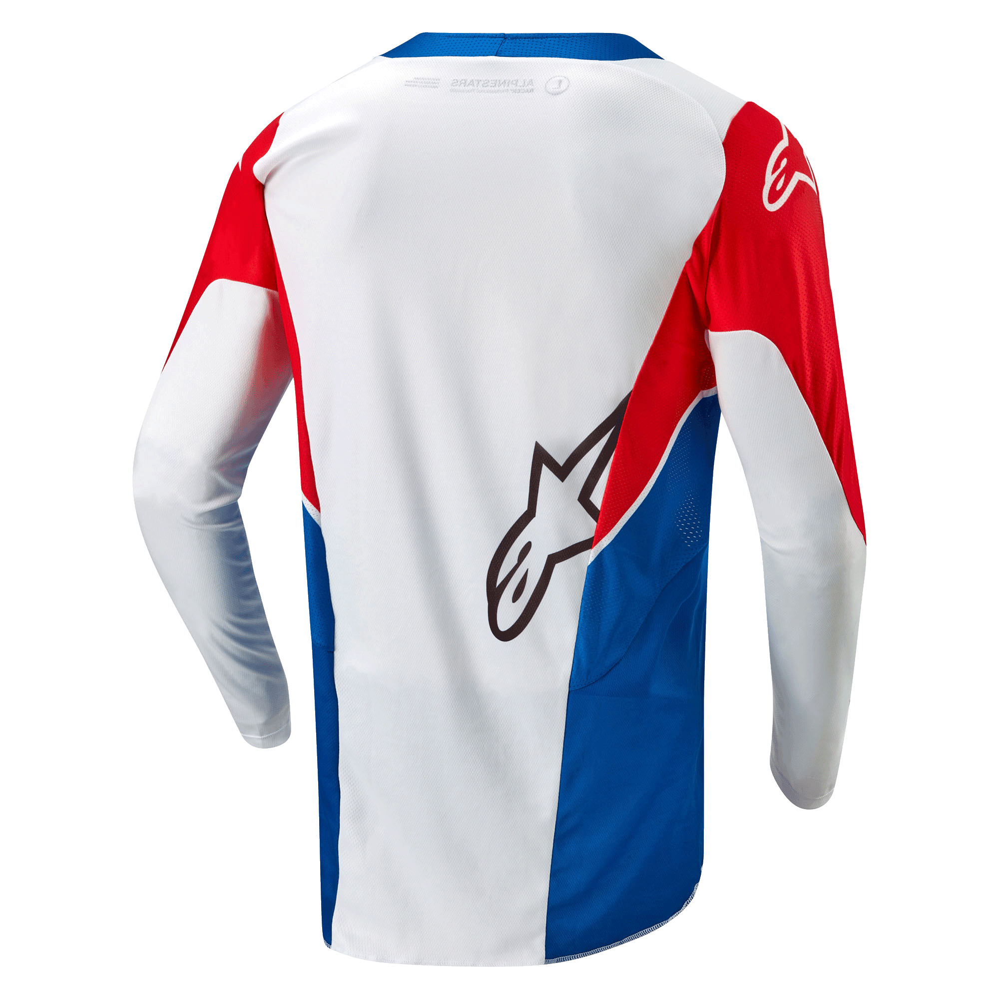 Alpinestars Honda Racer Iconic Jersey, Motocross Off-Road Jersey, White, Bright Blue, and Bright Red, rear view showing extended hem and lightweight moisture-wicking construction
