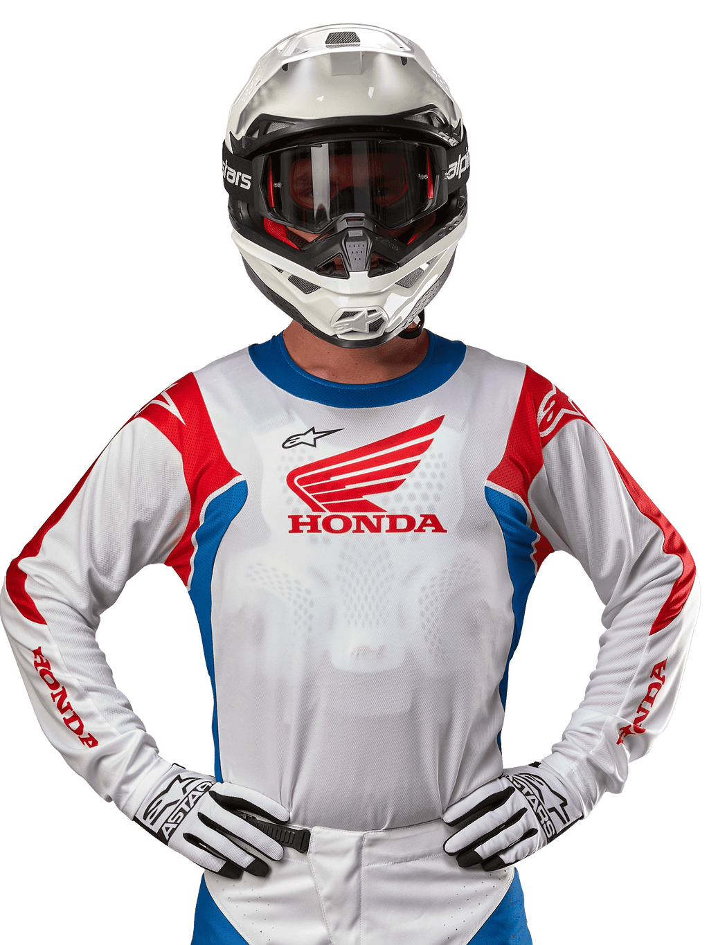 Honda Racer Iconic Trikot, weißes Motocross-Trikot mit rotem Honda-Logo und leuchtend blauen und roten Akzenten, getragen von einem Fahrer mit weißem Helm und Handschuhen, Performance-Ausrüstung für Offroad- und Motocross-Rennsport