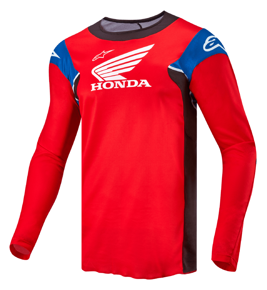 Alpinestars Honda Racer Iconic Trikot, Langarm-Motocross-Trikot für Herren, Rot mit schwarzen, blauen und weißen Akzenten, mit Honda- und Alpinestars-Branding