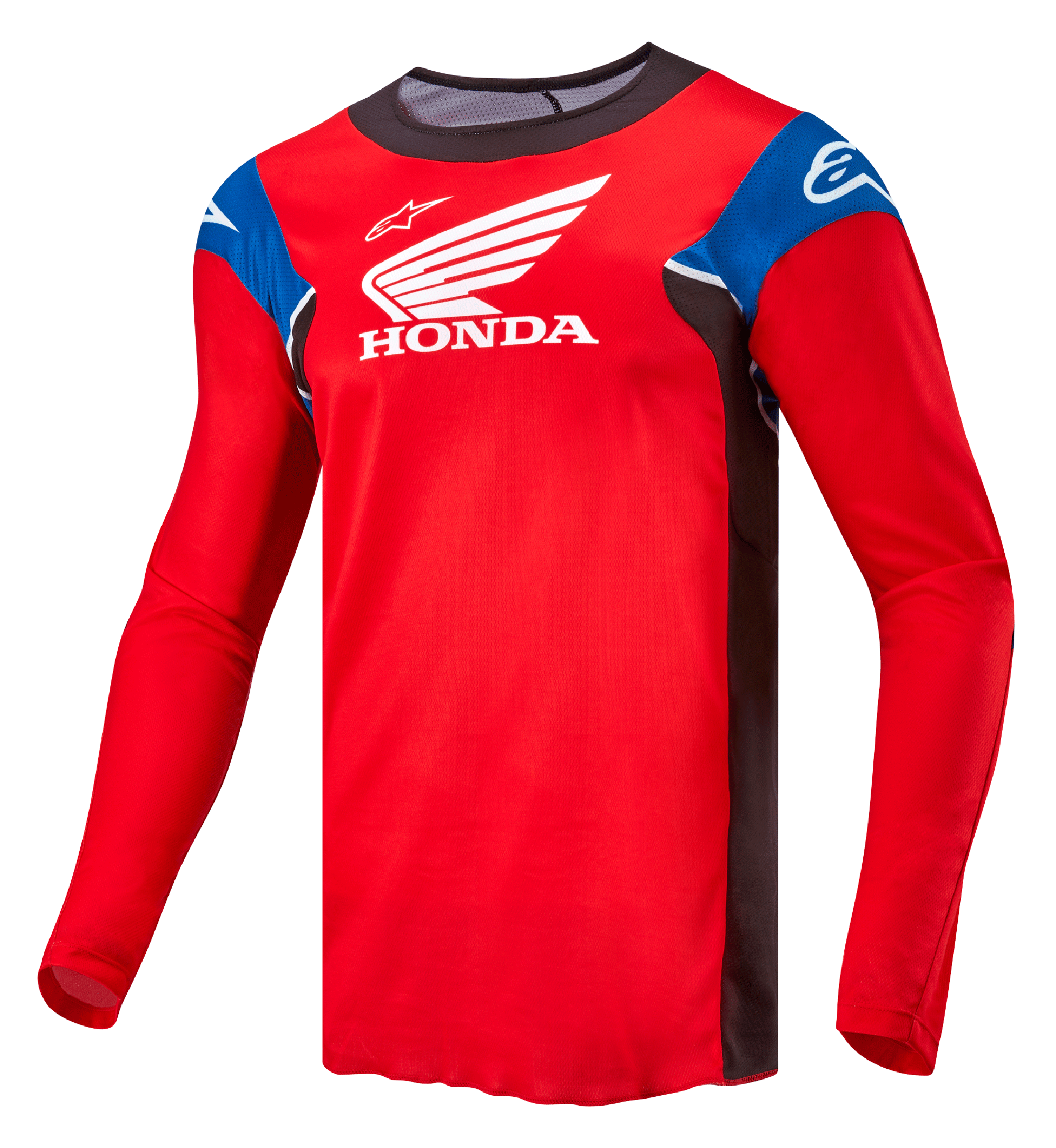 Alpinestars Honda Racer Iconic Trikot, Langarm-Motocross-Trikot für Herren, Rot mit schwarzen, blauen und weißen Akzenten, mit Honda- und Alpinestars-Branding