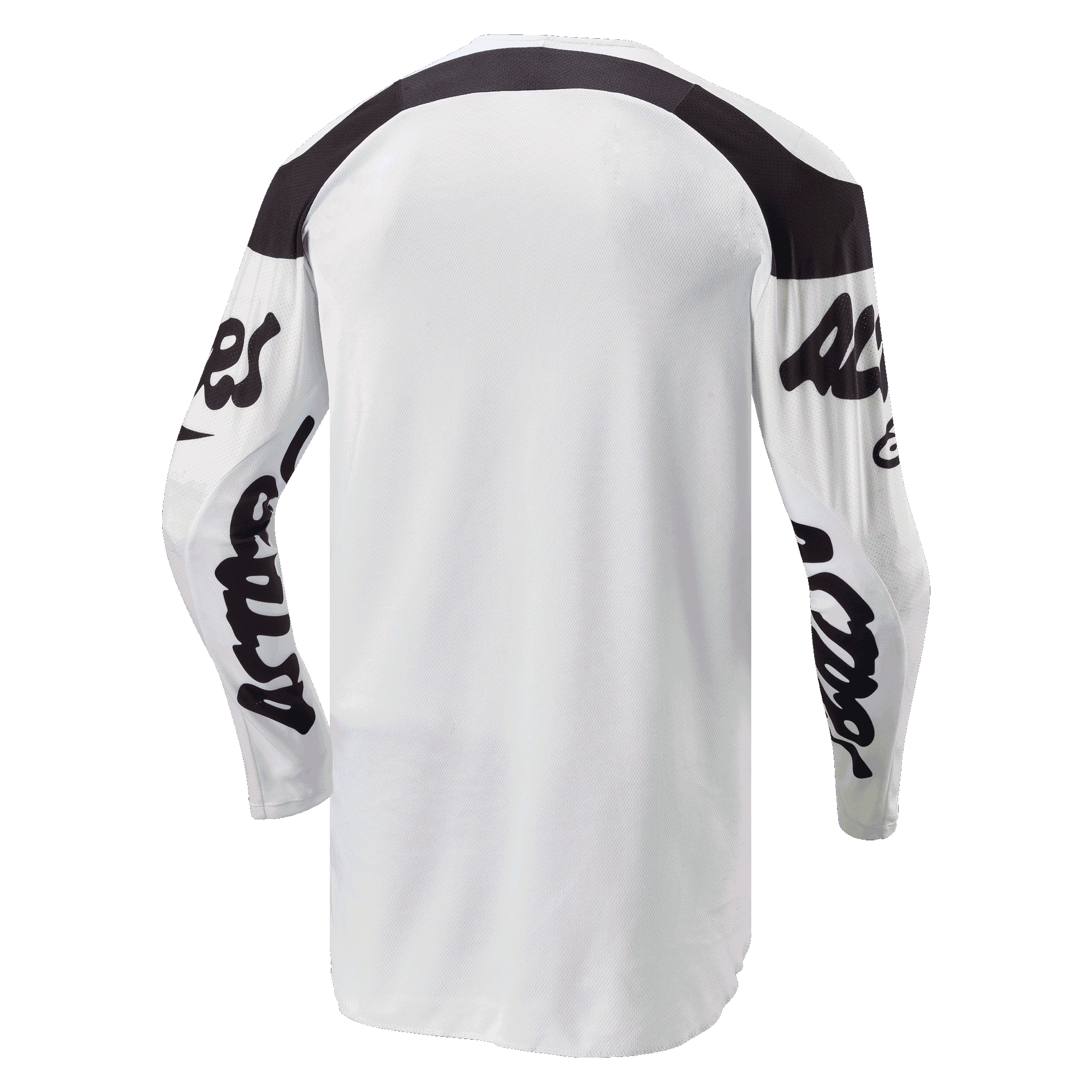 Alpinestars 2024 Racer Hana Jersey, Motocross-Trikot, Weiß und Schwarz, Rückansicht mit verlängerter Rückenpartie für bessere Abdeckung, schwarze Einsätze an den Schultern und schwarze Schriftzug-Logos auf den Ärmeln, strapazierfähiges feuchtigkeitsableitendes Material für Offroad-Performance