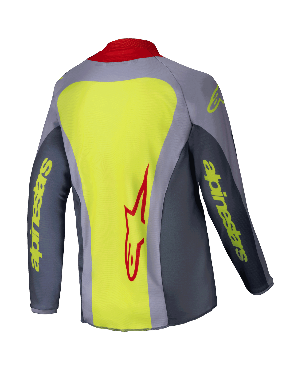 Alpinestars 2025 Youth Racer Melt Jersey, Motocross Jersey, Bright Red Gray, back view showing a large neon yellow panel with a red Alpinestars logo, gray sleeves with neon yellow branding, red collar, technical athletic fit for off-road racing