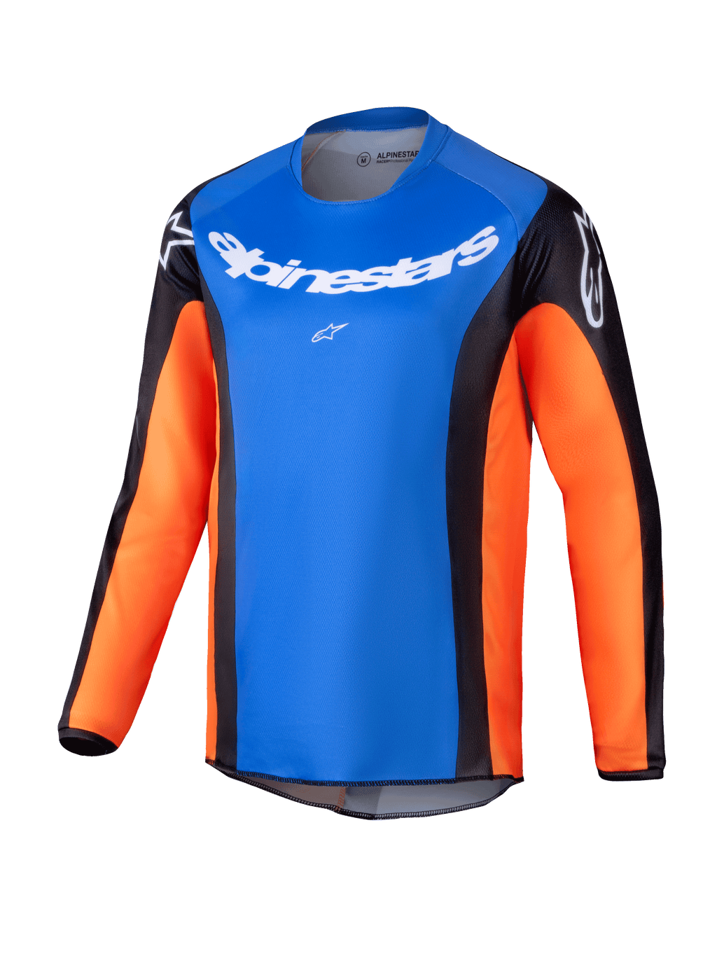 Alpinestars 2025 Youth Racer Melt Jersey, Motocross Long-Sleeve Jersey, bright blue chest with orange sleeves and black side panels, white Alpinestars branding on chest and shoulders, lightweight moisture-wicking fabric for youth off-road riding