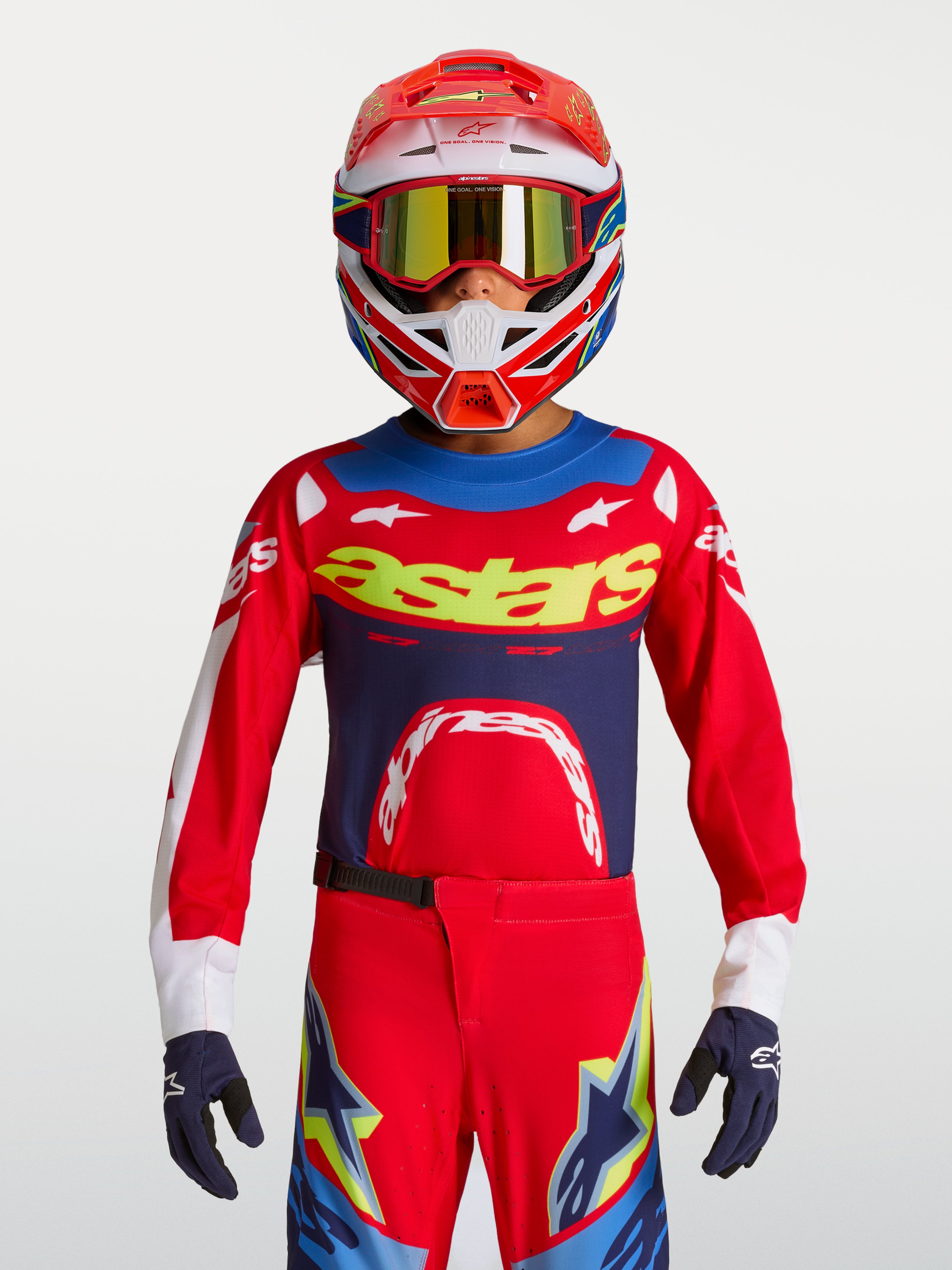 Alpinestars 2027 Youth Supertech Dyna Jersey, Red and Navy Blue motocross racing gear with breathable stretch mesh.