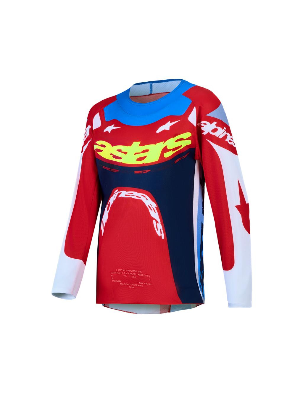 Alpinestars Supertech Jugend-Trikot Dyna 2027, MX-Trikot, Rot, Weiß und Blau, Stretch-Mesh mit lasergeschnittenen Perforationen.