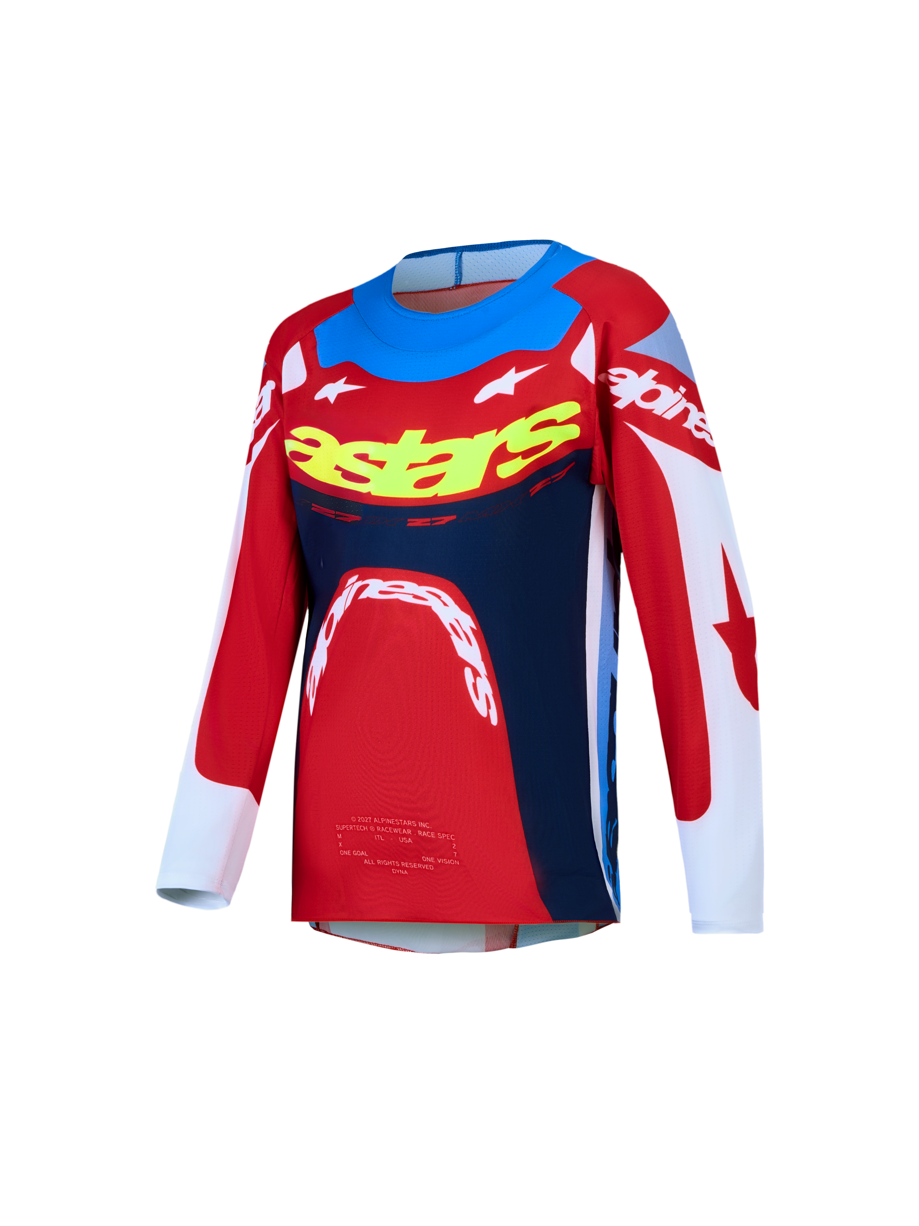 Alpinestars Supertech Jugend-Trikot Dyna 2027, MX-Trikot, Rot, Weiß und Blau, Stretch-Mesh mit lasergeschnittenen Perforationen.