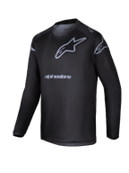 Alpinestars 2025 Youth Racer Graphite Jersey, Black and gray long-sleeve motocross jersey, featuring a gray star logo and brand name, lightweight performance gear for youth off-road riding
