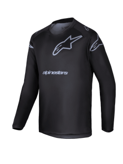 Alpinestars 2025 Youth Racer Graphite Jersey, Black and gray long-sleeve motocross jersey, featuring a gray star logo and brand name, lightweight performance gear for youth off-road riding