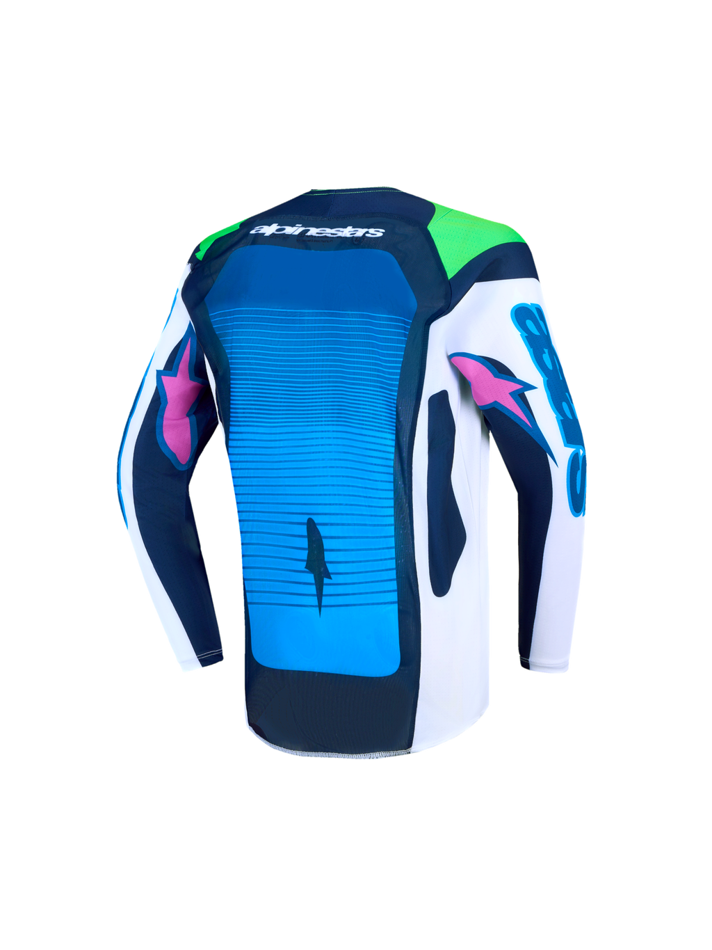 Alpinestars Youth Supertech Maven Jersey, blue and white motocross jersey, back view with ventilated mesh and athletic fit.
