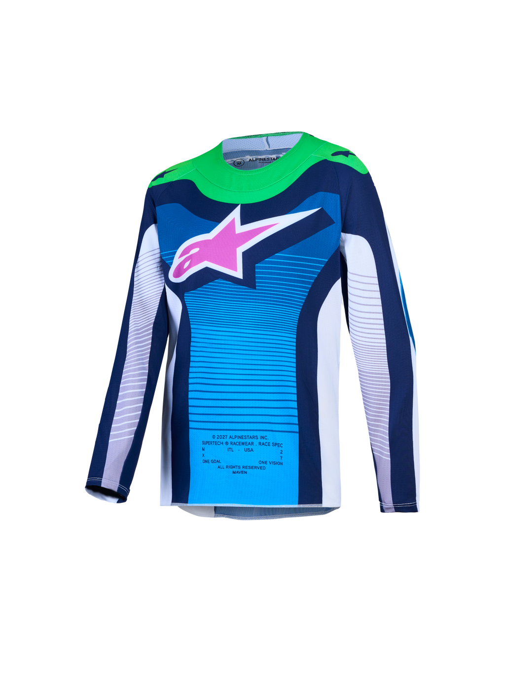 Alpinestars Supertech Maven Jugend-Trikot AND Gear Set, blau-weißes Motocross-Trikot mit grünen Akzenten und pinkem Logo.