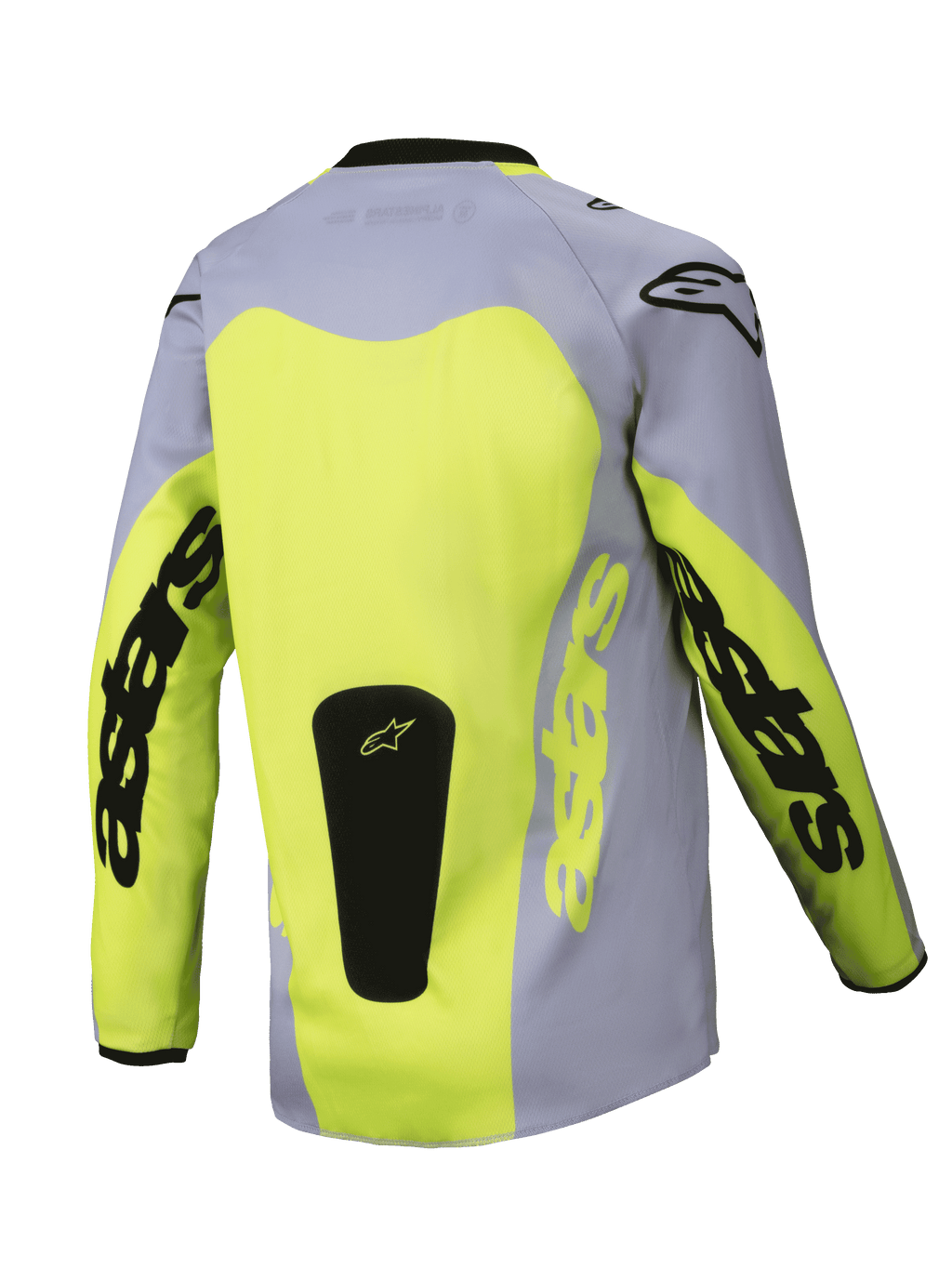 Alpinestars 2025 Youth Racer Veil Trikot, Rückansicht, Grau und Neongelb, mit großem gelben Rückeneinsatz und Astars-Branding auf den Ärmeln, schwarzer Logo-Patch am Saum, leichte Motocross-Ausrüstung für Offroad-Fahrten