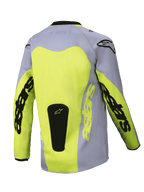 Alpinestars 2025 Youth Racer Veil Trikot, Rückansicht, Grau und Neongelb, mit großem gelben Rückeneinsatz und Astars-Branding auf den Ärmeln, schwarzer Logo-Patch am Saum, leichte Motocross-Ausrüstung für Offroad-Fahrten