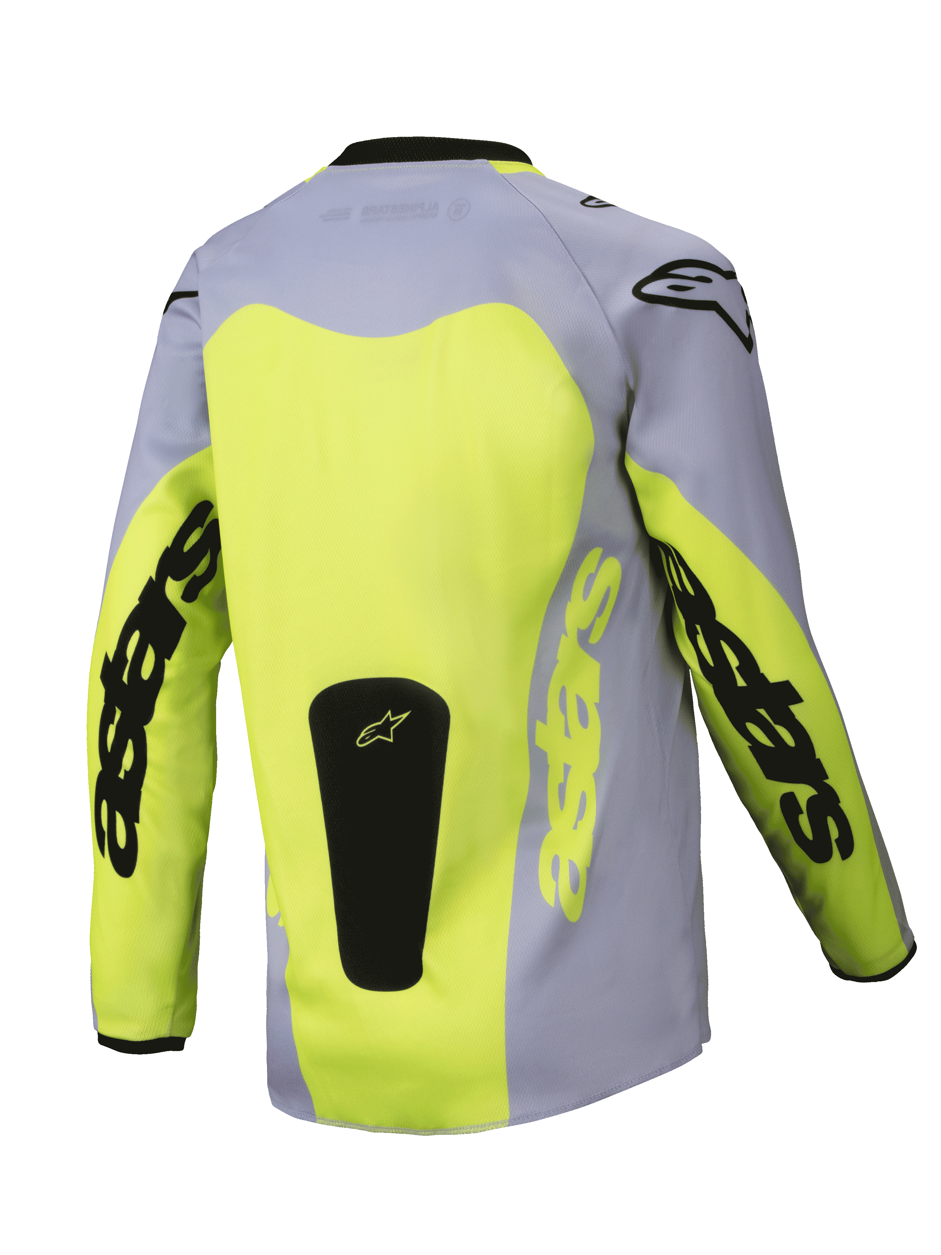 Alpinestars 2025 Youth Racer Veil Trikot, Rückansicht, Grau und Neongelb, mit großem gelben Rückeneinsatz und Astars-Branding auf den Ärmeln, schwarzer Logo-Patch am Saum, leichte Motocross-Ausrüstung für Offroad-Fahrten