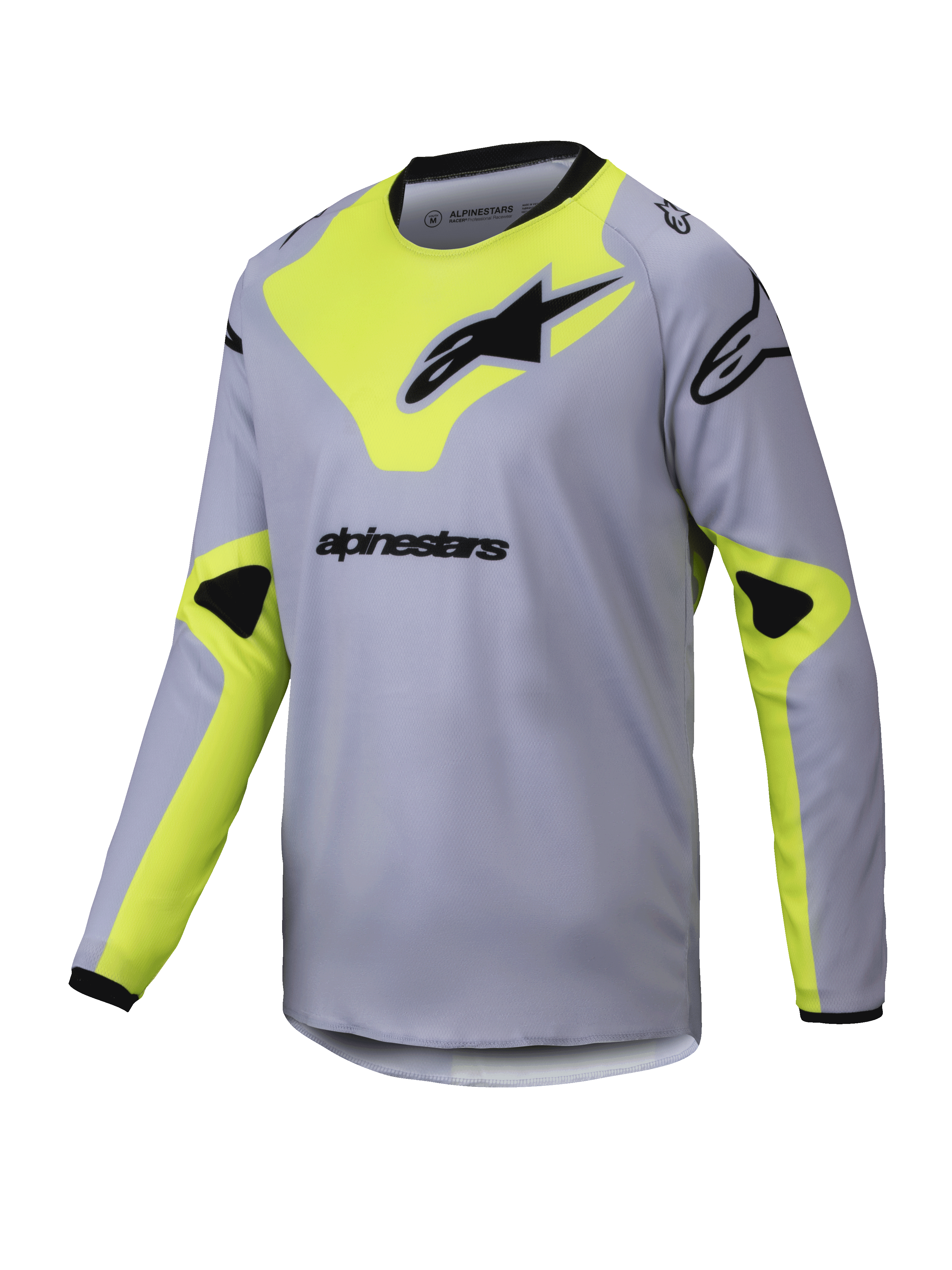 Alpinestars 2025 Youth Racer Veil Trikot, Motocross-Langarmtrikot, Grau und Gelb Fluo, schwarze Logos, leichtes, atmungsaktives Material, schwarzer Kragen und Ärmelbündchen, geometrisches Design
