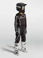 Alpinestars Fluid Apex V2 Jugend-Trikot und Ausrüstungsset, Kinder-Motocross-Outfit, Schwarz und Silber, atmungsaktives Gewebe.