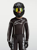 Alpinestars Youth Fluid Apex V2 Jersey, Black and Silver motocross gear, ergonomic athletic fit with moisture-wicking polyfabric.