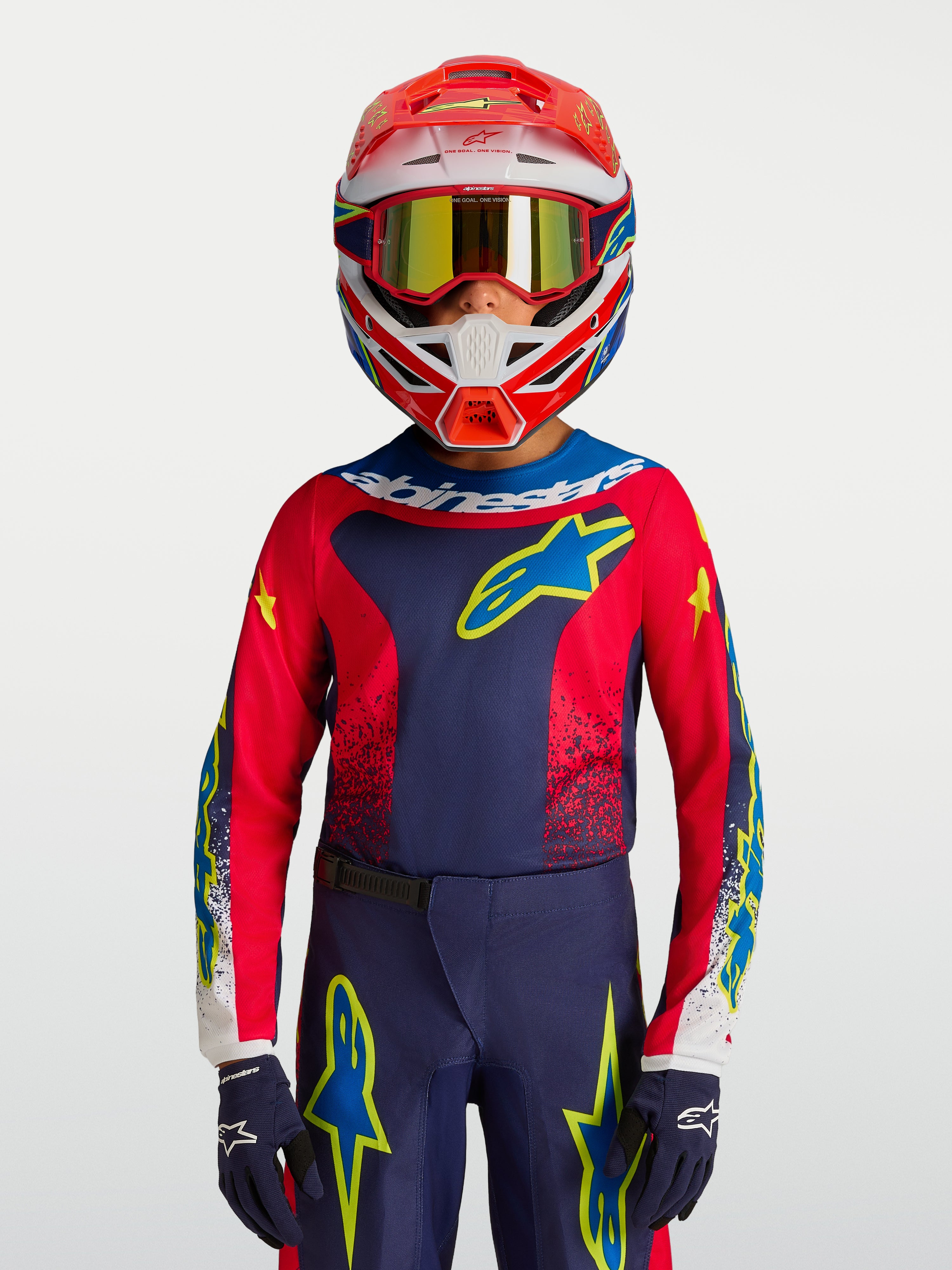 Alpinestars Fluid Jugend-Trikot Drag 2027, Motocross-Trikot, Navyblau und Rot mit gelben Akzenten, Race-Fit für junge Fahrer.