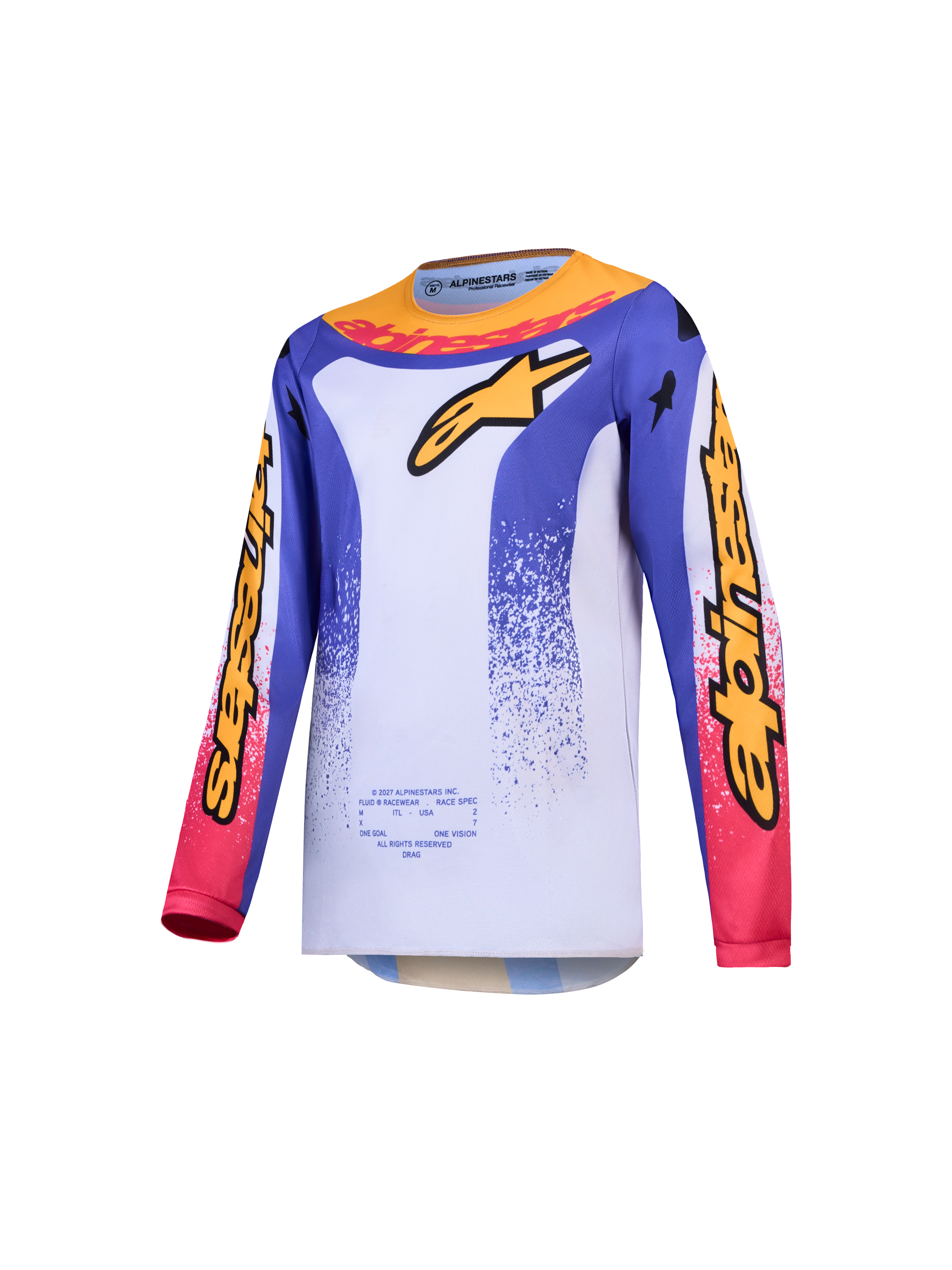 Alpinestars Youth Fluid Drag Jersey, motocross jersey for youth, blue and gold with white, moisture-wicking polyfabric.