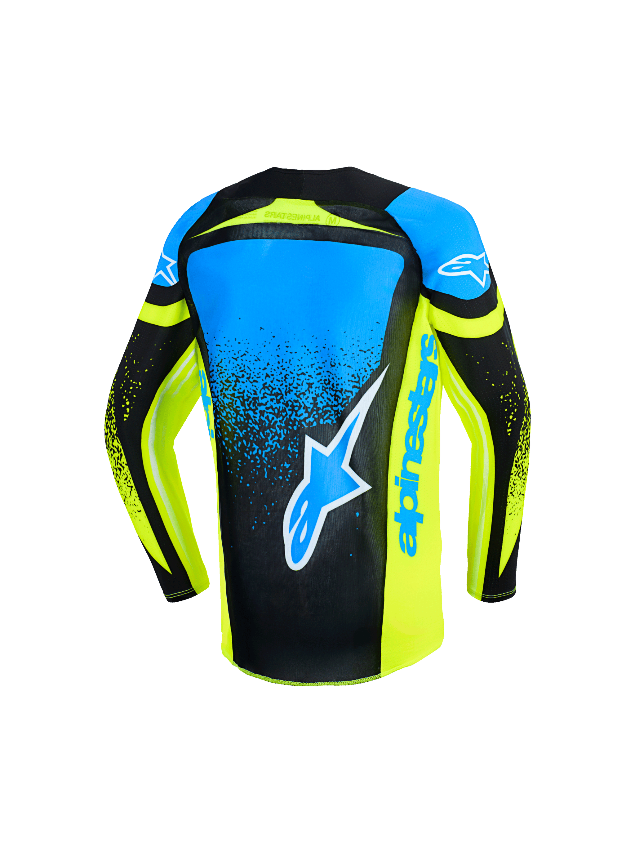 Alpinestars 2026 Youth Supertech Nomur Trikot, Motocross-Trikot, Gelb Fluo und UCLA Blau mit Dunkelblau, Rückansicht mit großem blauem Stern-Logo und vertikalem Alpinestars-Branding an der Seite, technisches Stretch-Mesh für jugendliche Motocross-Performance