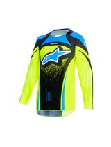 Alpinestars 2026 Youth Supertech Nomur Jersey, Motocross-Jersey, Gelb Fluo und Dark Navy mit hellblauen Akzenten, auffälliges hellblaues Alpinestars-Logo auf der Brust, technische Stretch-Mesh-Konstruktion mit verlängertem Rückenteil für den Offroad-Rennsport