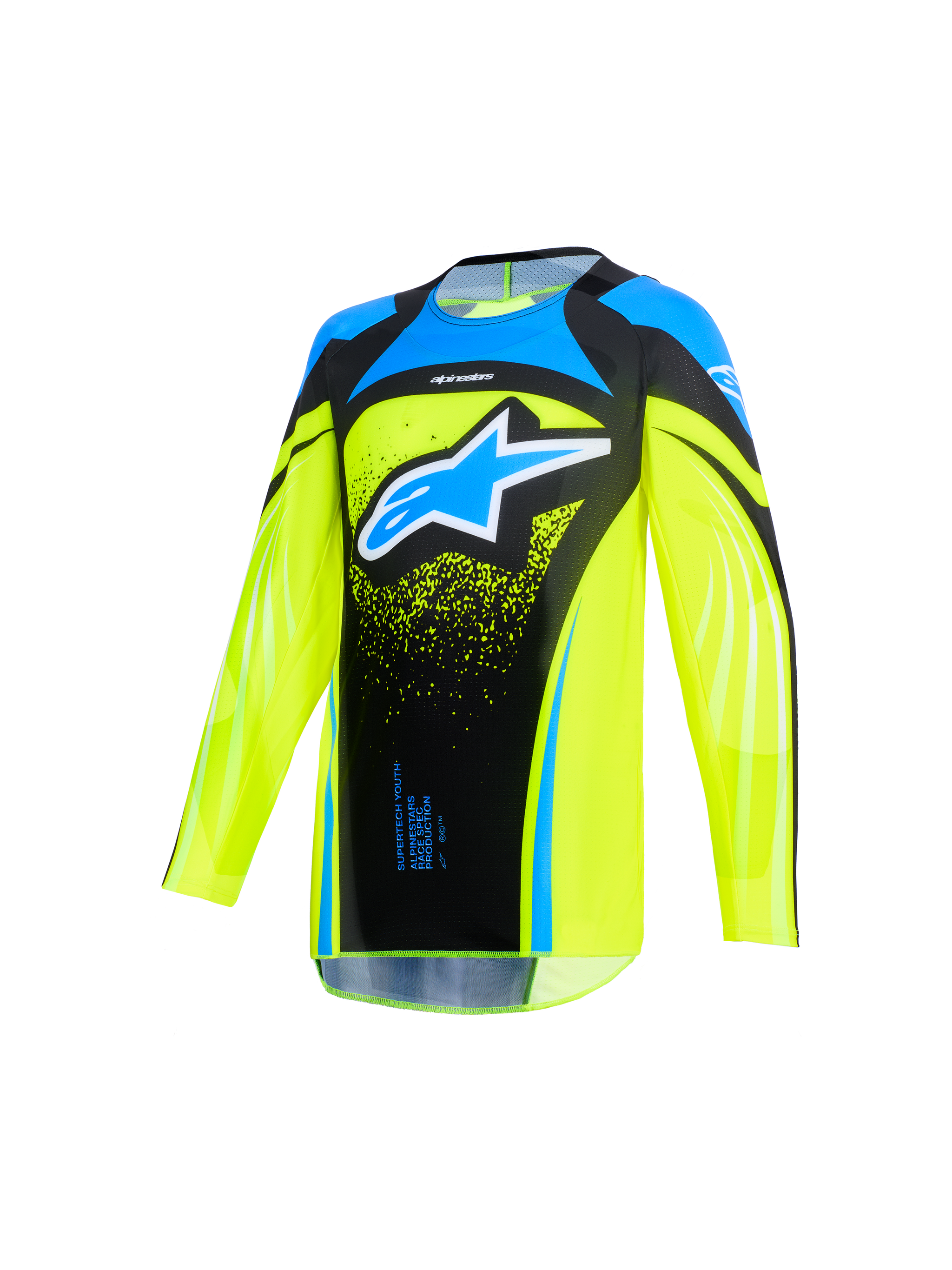 Alpinestars 2026 Youth Supertech Nomur Jersey, Motocross-Jersey, Gelb Fluo und Dark Navy mit hellblauen Akzenten, auffälliges hellblaues Alpinestars-Logo auf der Brust, technische Stretch-Mesh-Konstruktion mit verlängertem Rückenteil für den Offroad-Rennsport