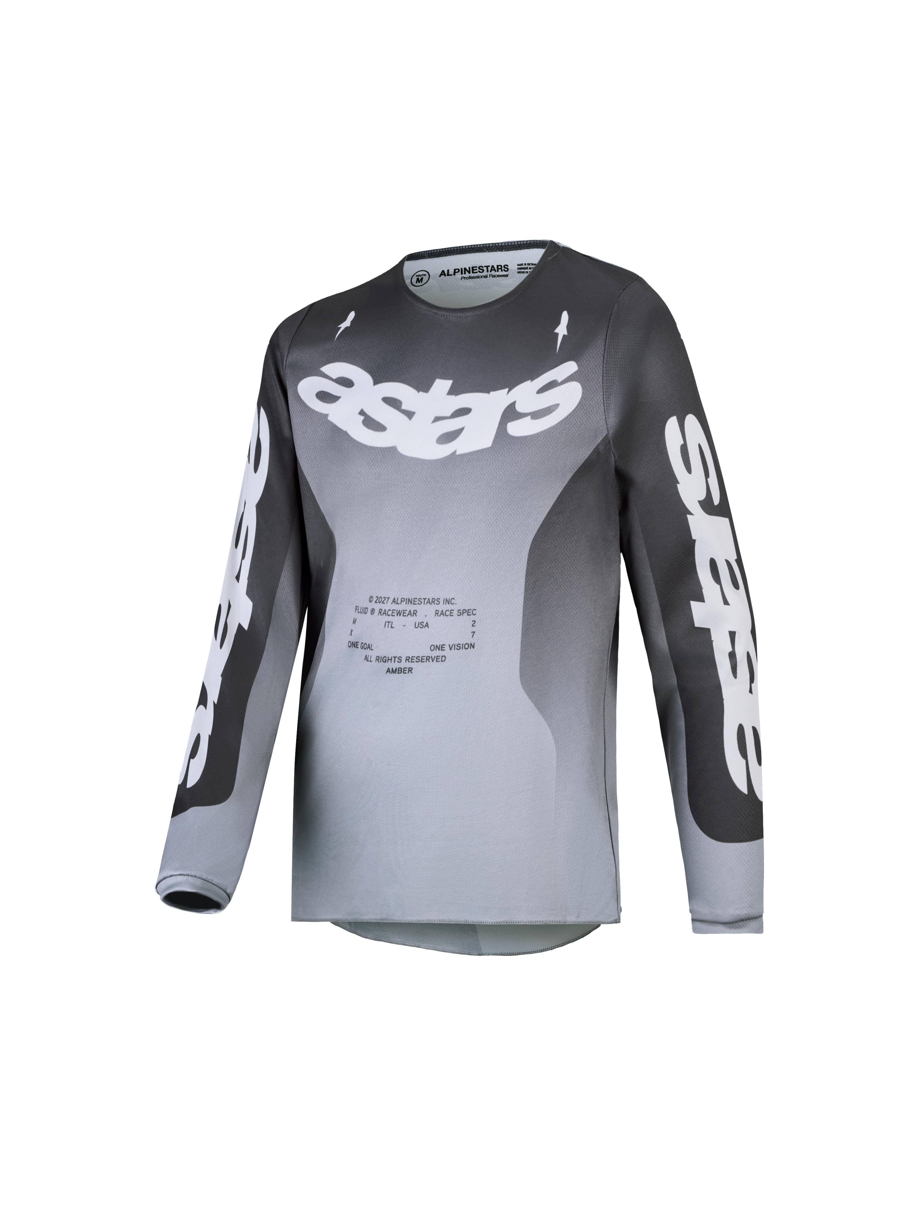Alpinestars 2027 Youth Fluid Amber Jersey, gray and white gradient motocross top with moisture-wicking polyfabric.